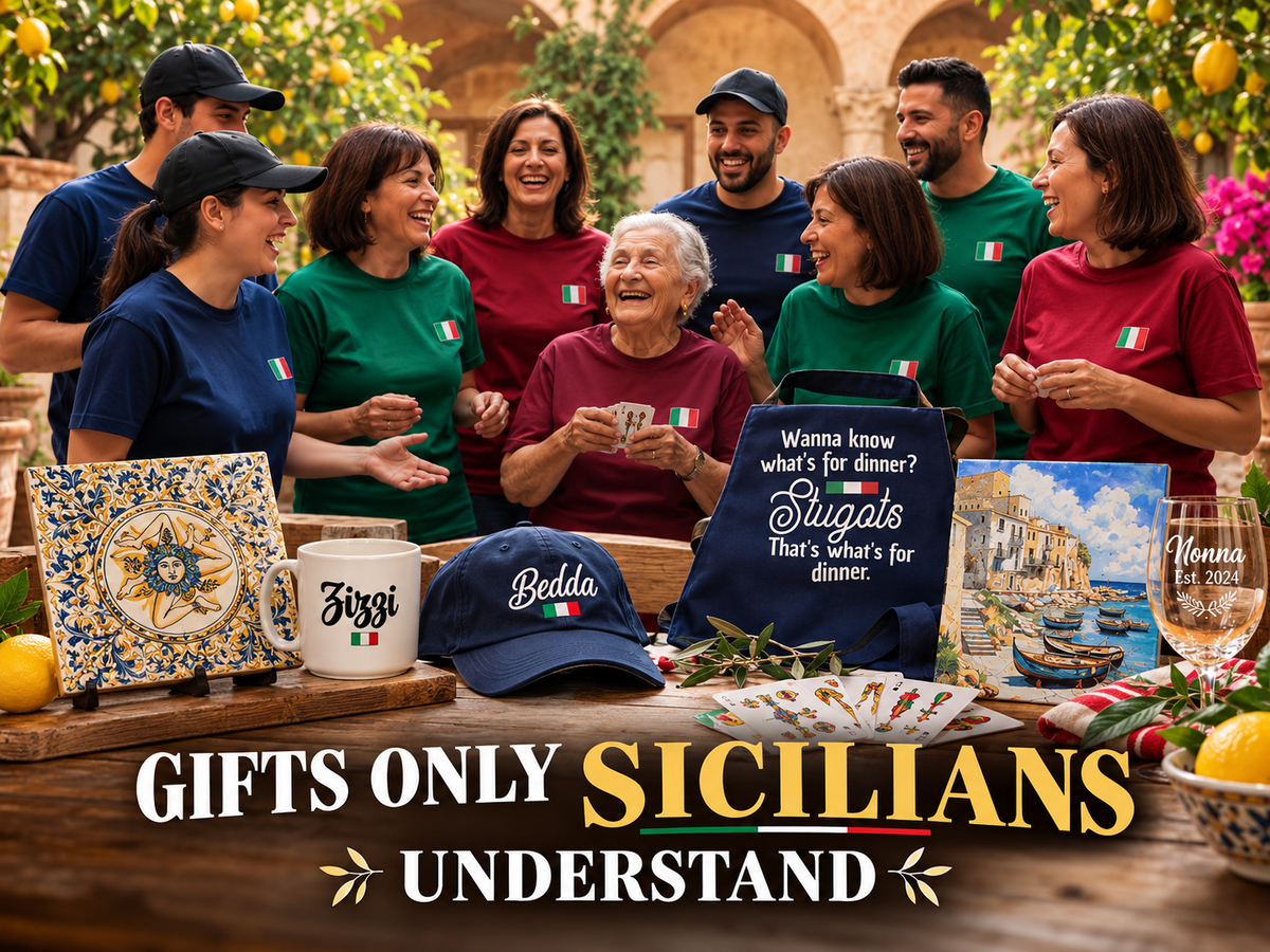 Sicilian family gathering in a sunny Italian courtyard featuring funny Sicilian gifts, Stugots apron, Trinacria tile, Zizzi mug, and Italian heritage keepsakes.