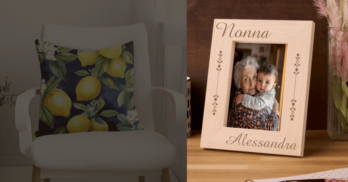 Navy pillow with mediterranean lemons print and an etched personalized Nonna frame