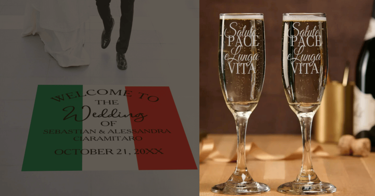 Floor Decal for Italian wedding and Italian proverb etched champagne flutes