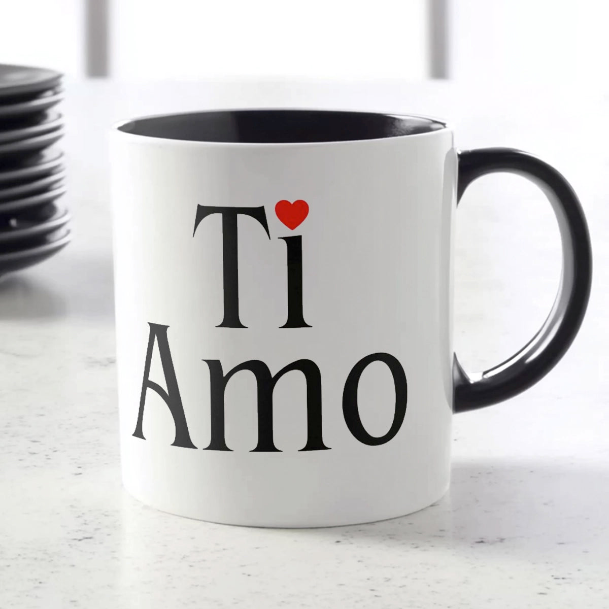 White mug with black text 'Ti Amo' and a red heart on a light background