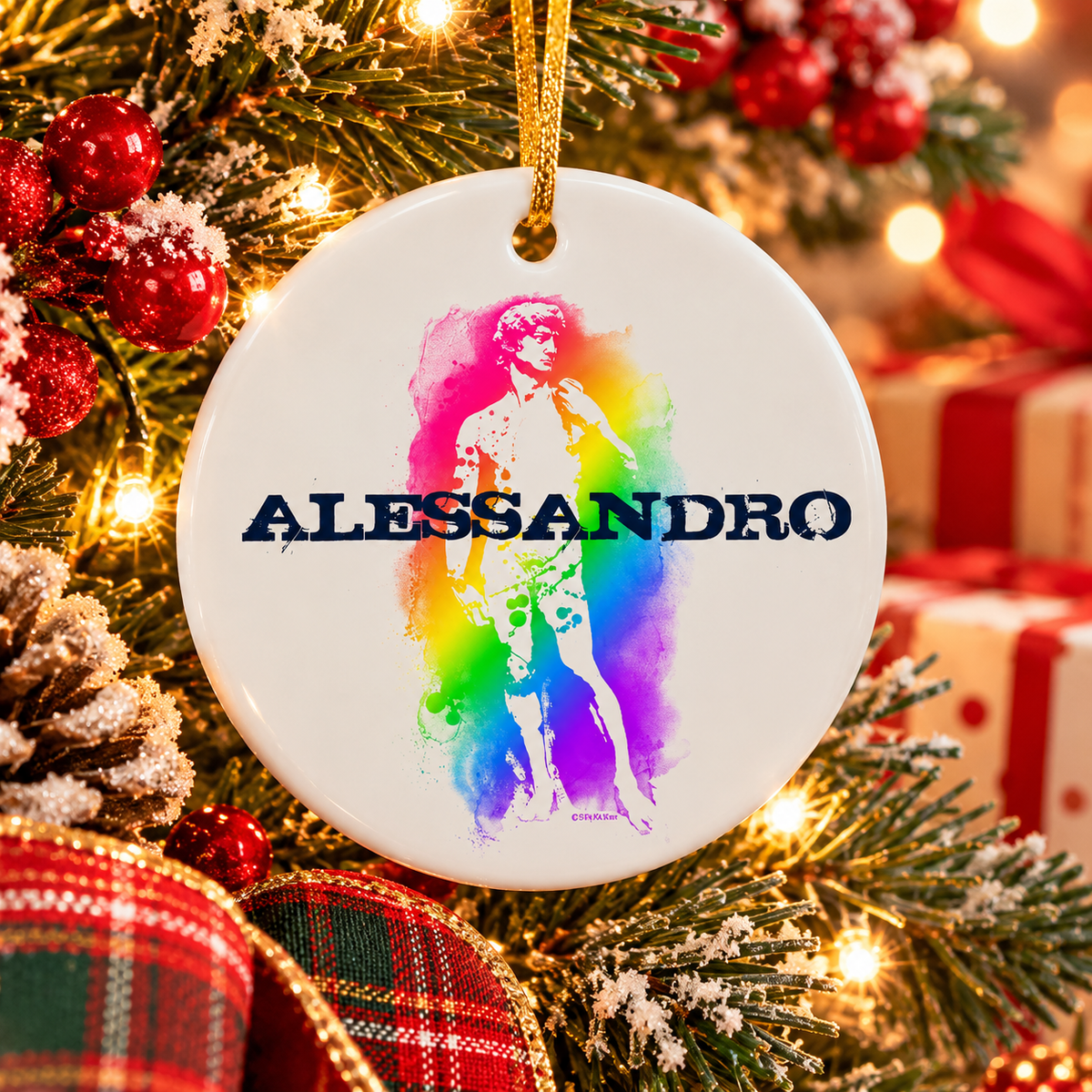 Personalized Alessandro Italian Christmas ornament featuring colorful David statue art on a festive tree.