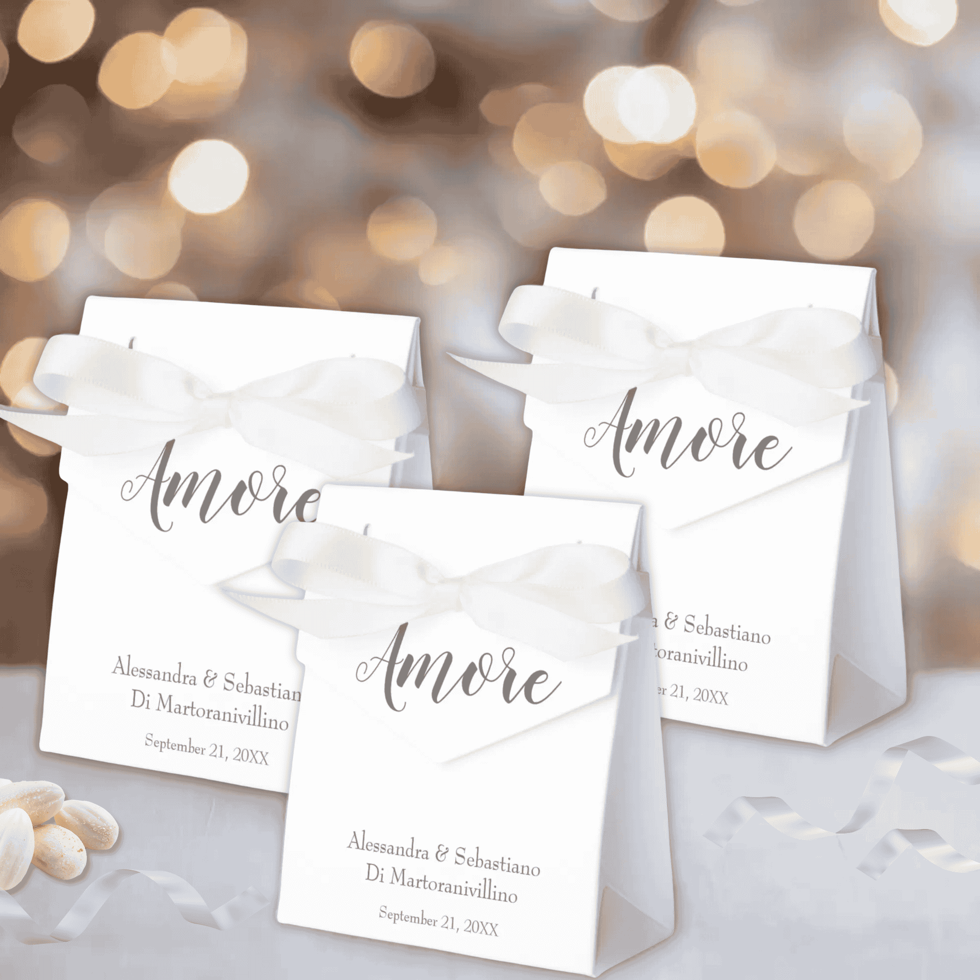 Amore script on White Tent Favor Boxes for Italian wedding, anniversary, or engagement