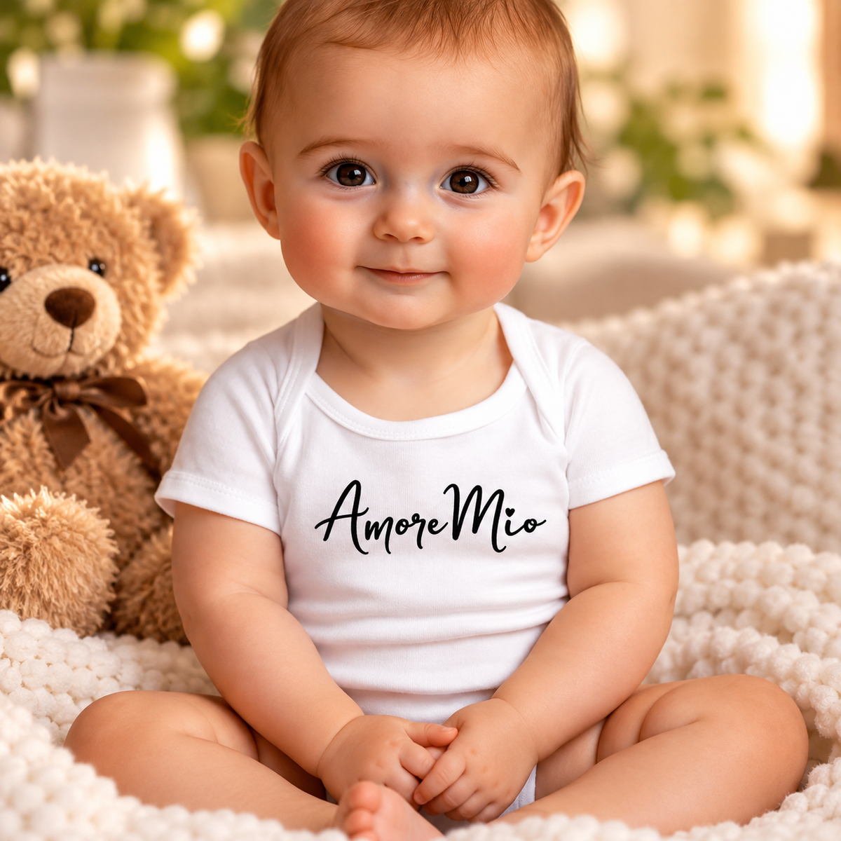 Adorable baby wearing a white “Amore Mio” Italian baby bodysuit, meaning “My Love,” seated on a cozy blanket beside a teddy bear. Perfect Italian baby shower or newborn gift.