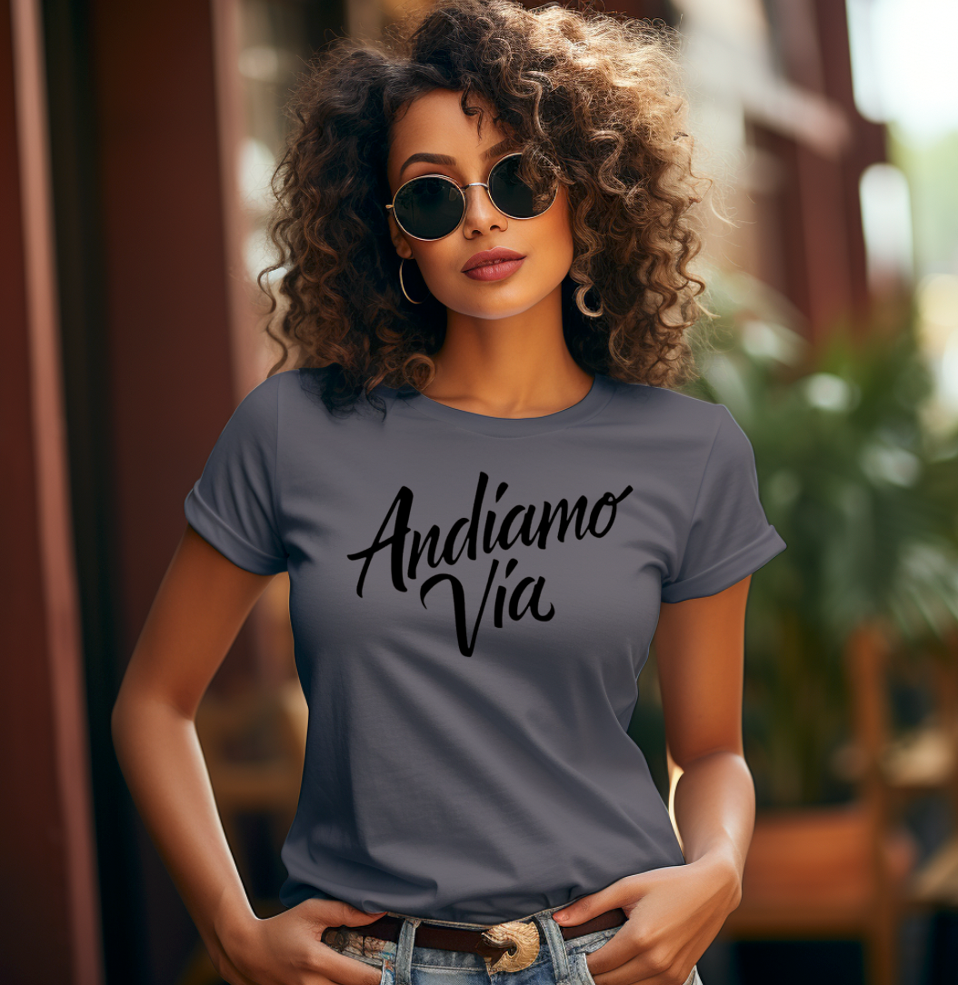 Woman wearing heather gray Andiamo Via t-shirt - Italian let's go phrase apparel gift 