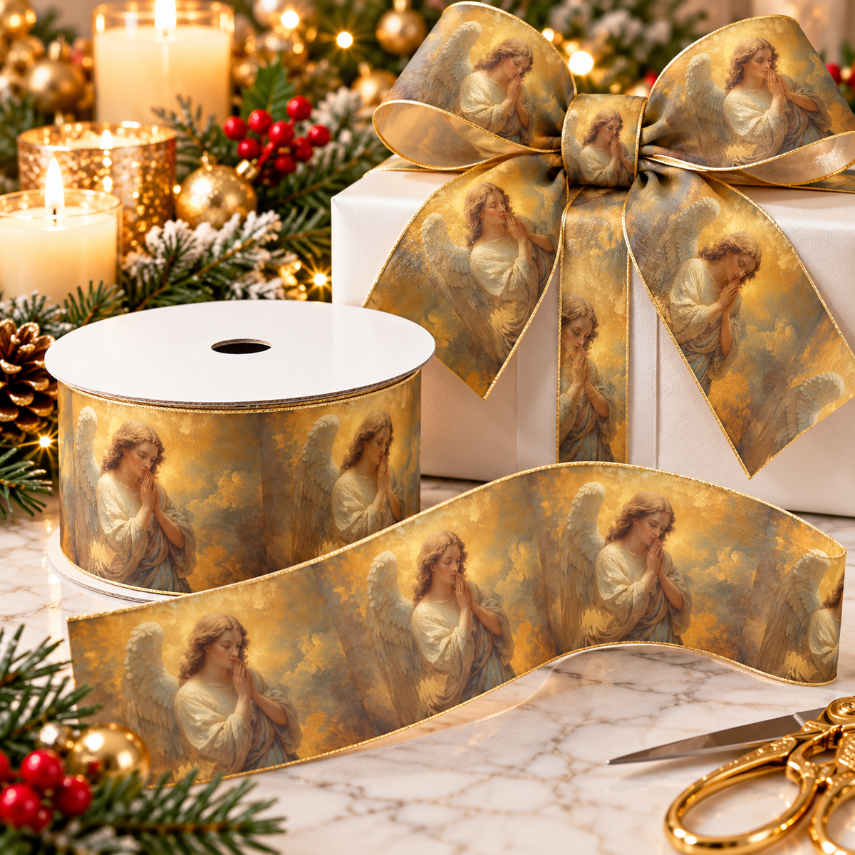Golden praying angel ribbon with vintage guardian angel artwork, styled as a Christmas gift bow. Religious ribbon for Christian gift wrapping, baptisms, First Communion and holiday celebrations.