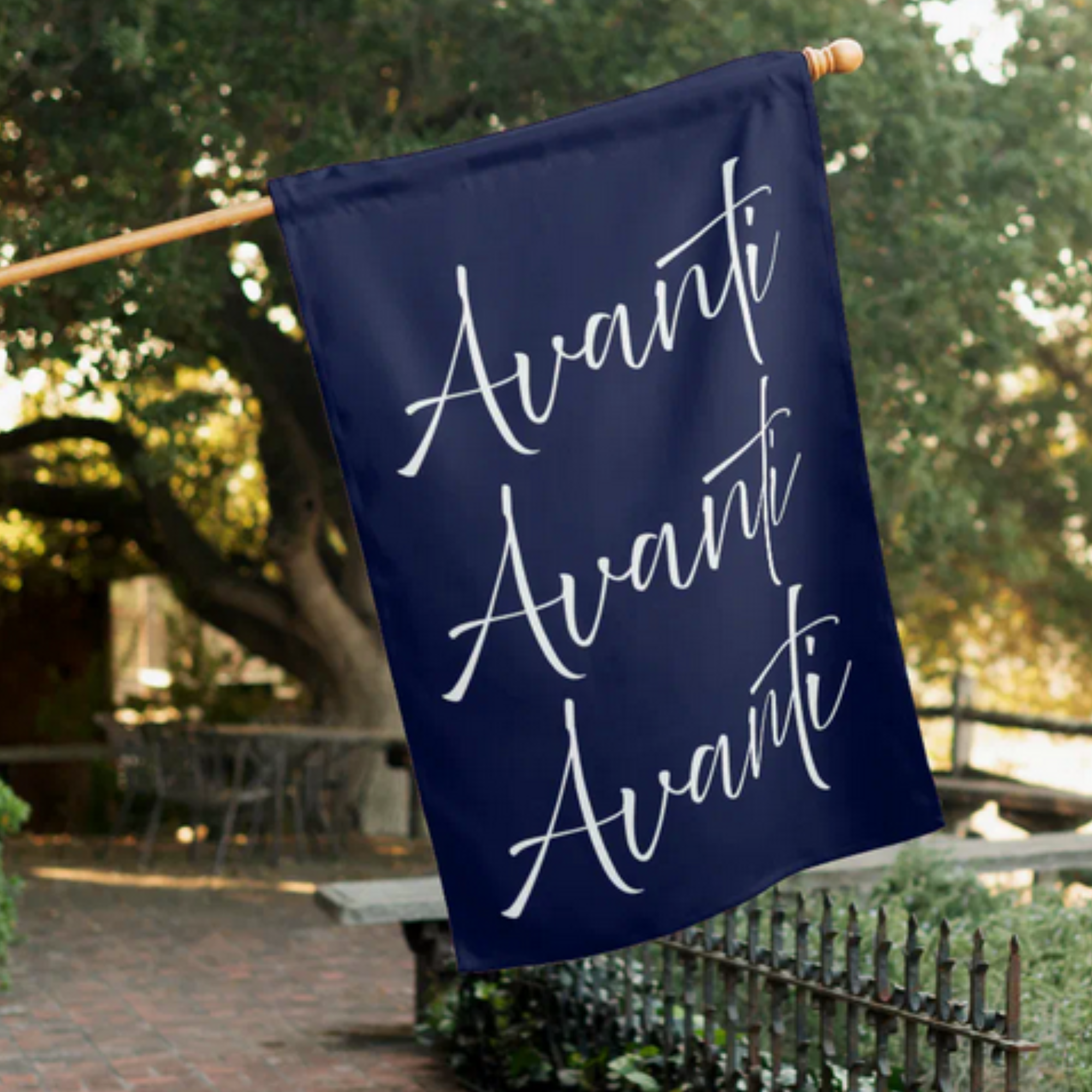 Navy blue flag with 'Avanti' text in white, repeated three times . (come in) Italian heritage housewarming gift, wedding gift, bridal shower gift.