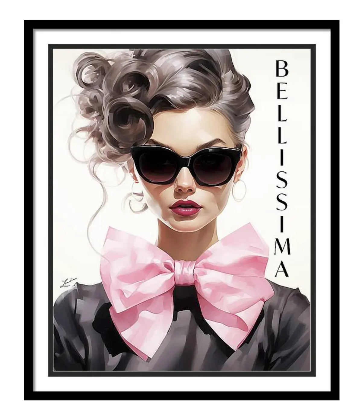 Wall art featuring fashion illustration of pretty woman in sunglasses with gun metal hair in up-do and large pink bow at neck with BELLISSIMA (very beautiful) running vertically in black art deco font, printed on wood with customizable format style. Italian heritage fashion wall decor, chic wall art, boutique decor, salon wall art, gift for her, gift for fashionista, bedroom decor. 
