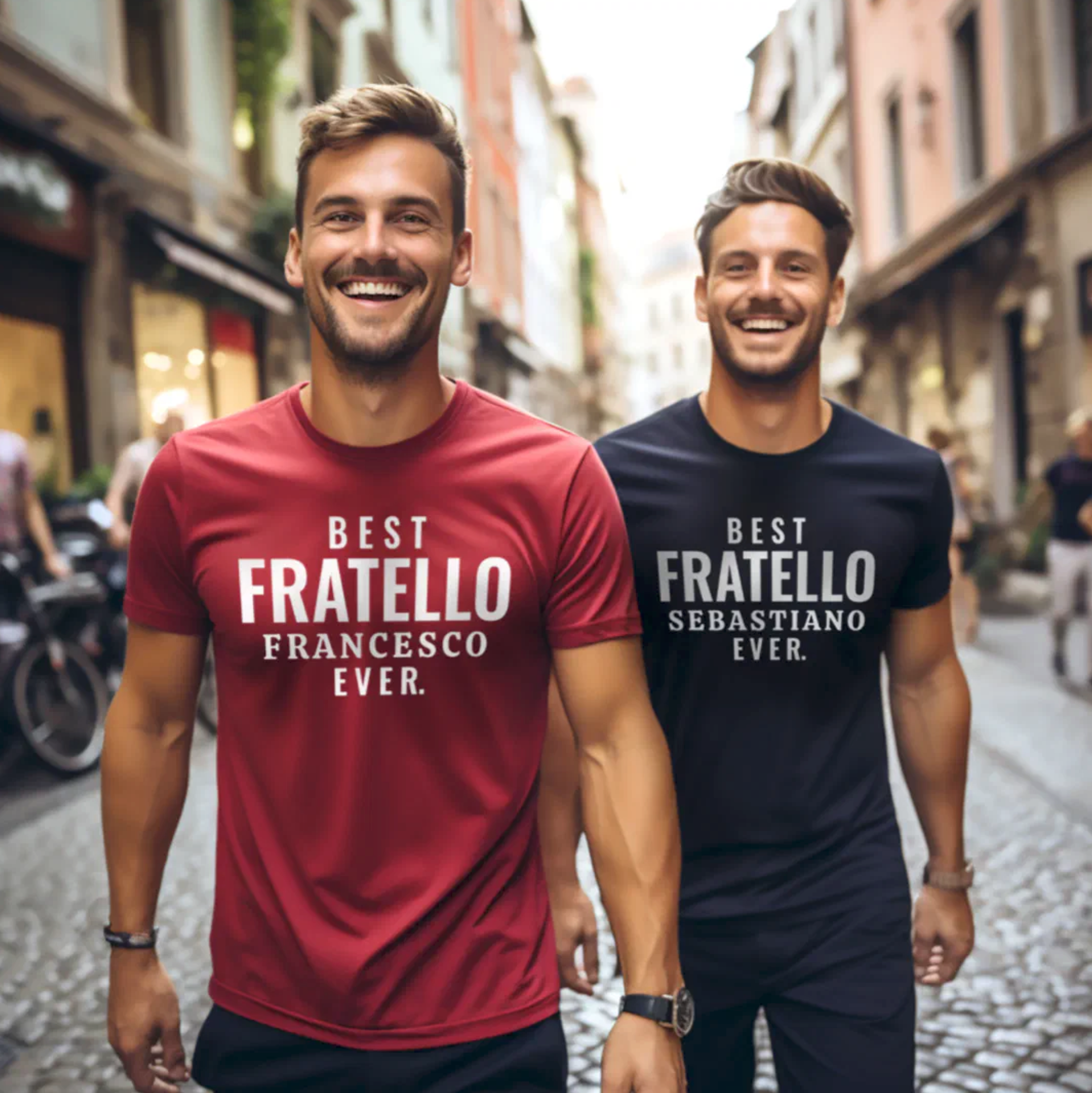 Two men walking down a street wearing t-shirts with personalized Best 
Fratello Ever text. Heritage gift for Italian brother, gift for him, Father's Day gift, Brother's Day gift, gift for lovers of Italy.