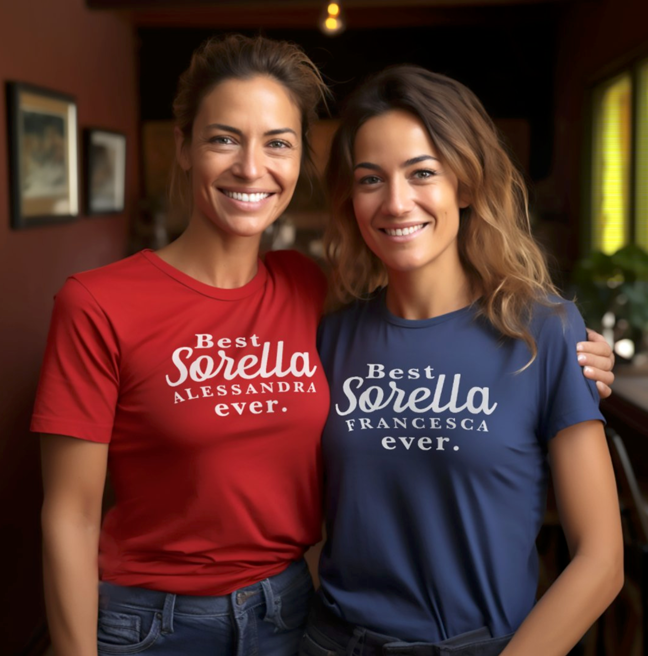 Two women wearing t-shirts with personalized Best Sorella Ever Italian Sicilian heritage gift for her, gift for sister, birthday gift, Christmas gift.
