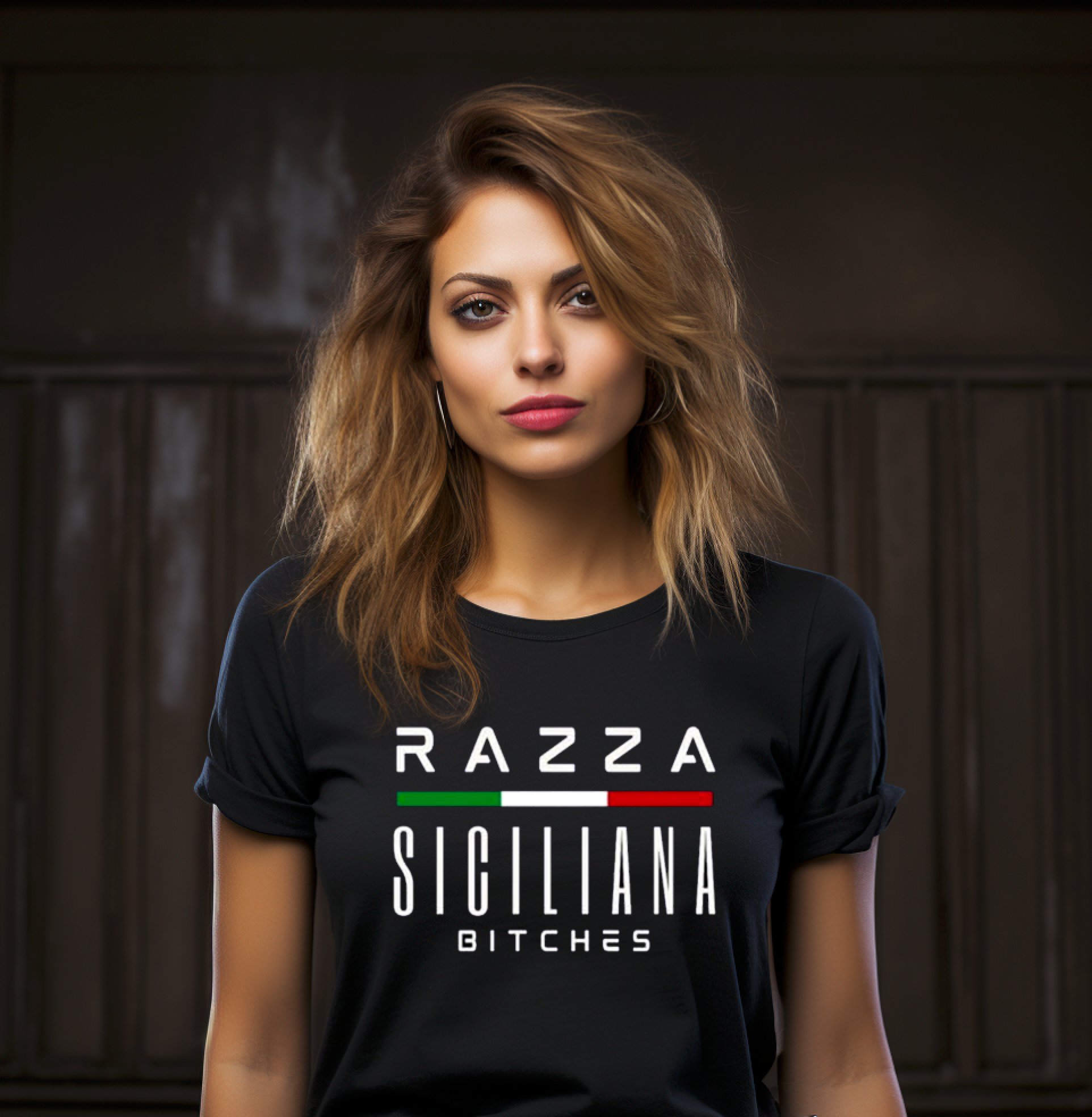 Woman wearing black Razza Siciliana Bitches t-shirt - Sicilian pride bold humor apparel gift 