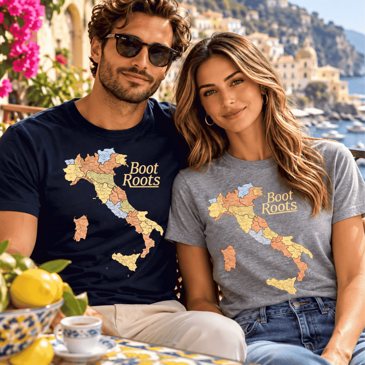 Couple wearing Boot Roots Italy map T-shirts at a sunny Italian coastal café overlooking the Mediterranean.