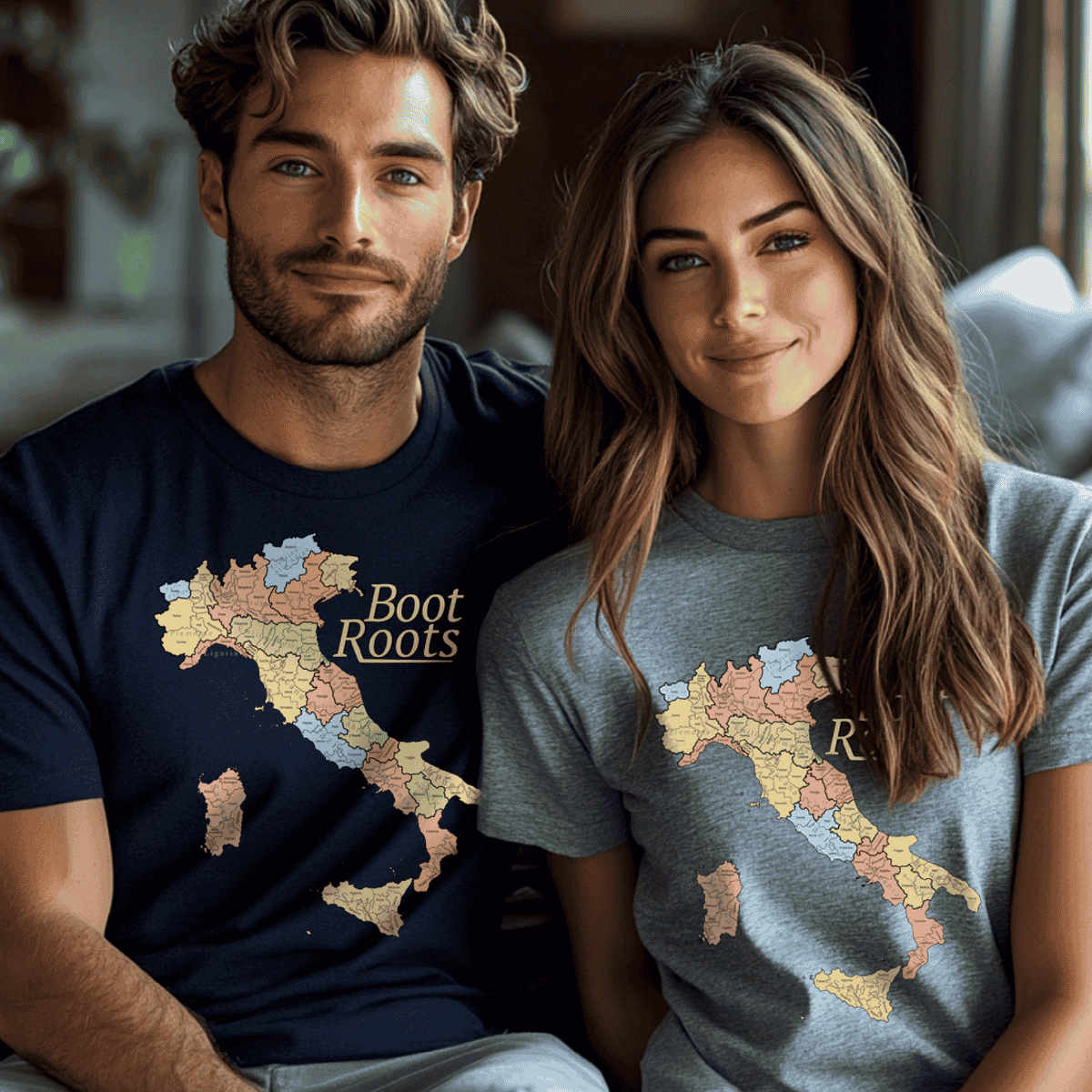 Man and woman wearing Italian t-shirts with a map of Italy "Boot Roots" heritage design