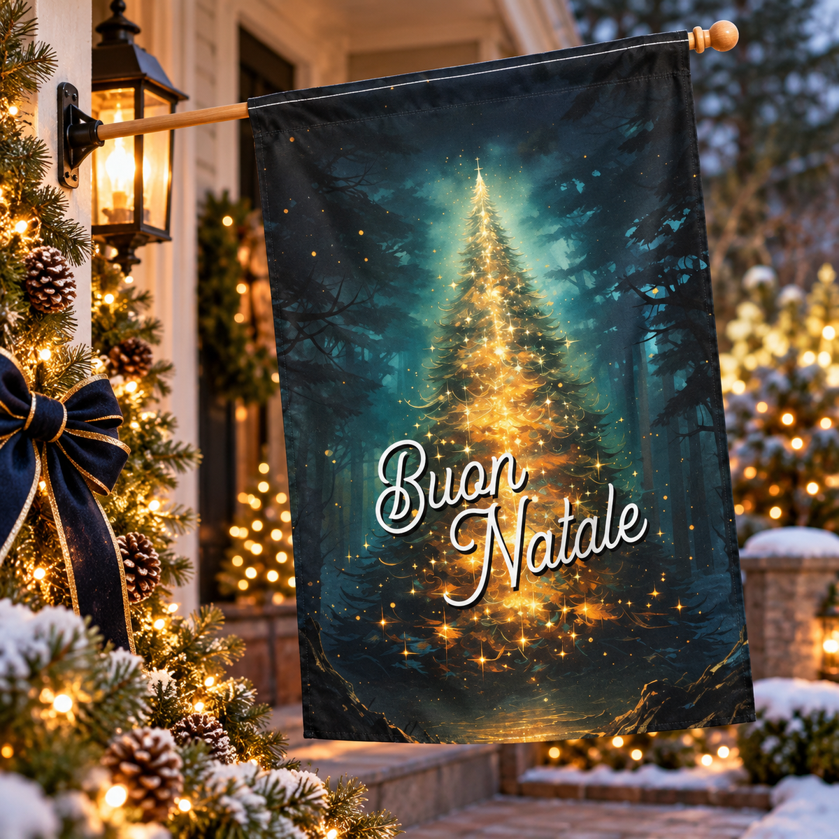 Buon Natale Italian Christmas garden flag featuring a glowing golden tree in an enchanted forest, displayed on a festive holiday porch.