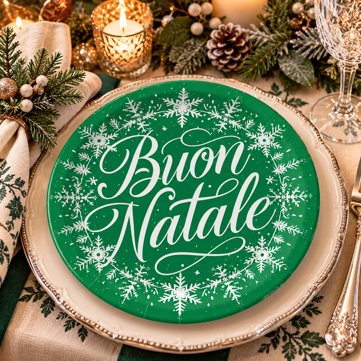 Green Buon Natale Italian Christmas paper plate with elegant white snowflakes, styled on a festive holiday dinner table. Perfect for Italian Christmas parties and family gatherings.