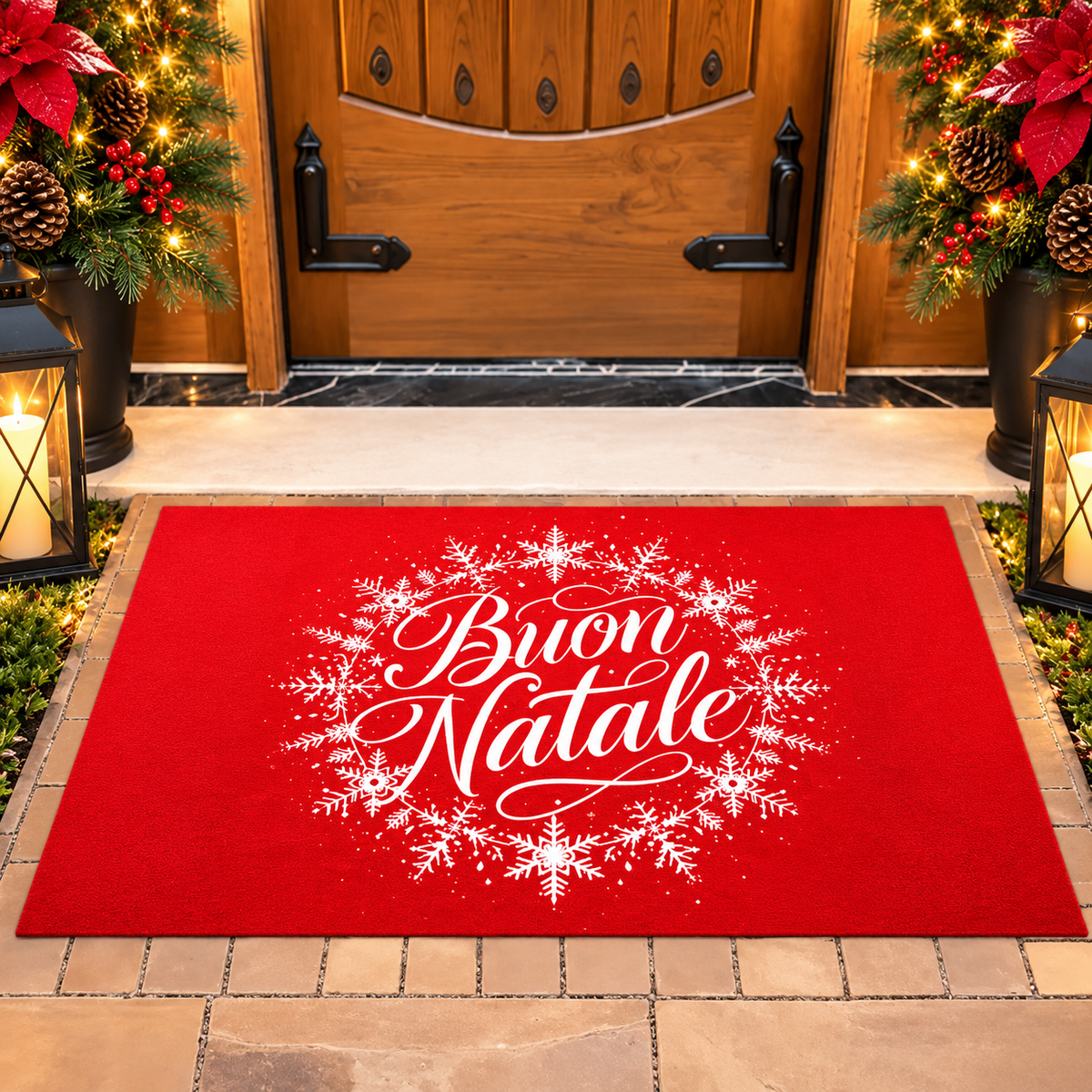 SEO alt text:

Red Buon Natale Italian Christmas welcome doormat with elegant white snowflake design, displayed at a festive front door with holiday greenery and lanterns.