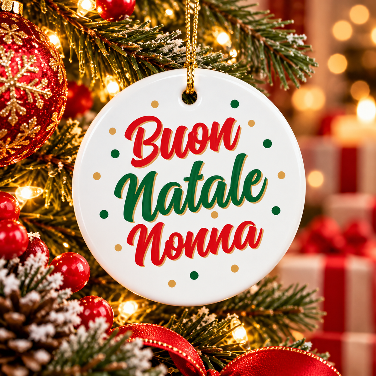 Buon Natale Nonna Italian grandmother ceramic Christmas ornament hanging on a festive holiday tree.