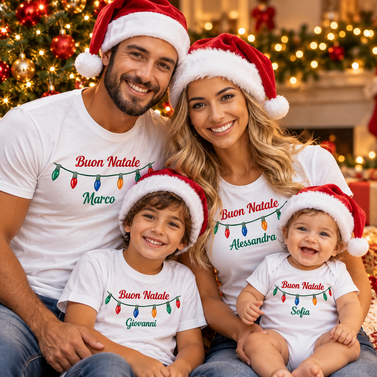 Italian family wearing personalized Buon Natale Christmas T-shirts with colorful holiday lights and custom names, matching Santa hats for mom, dad, kids and baby.