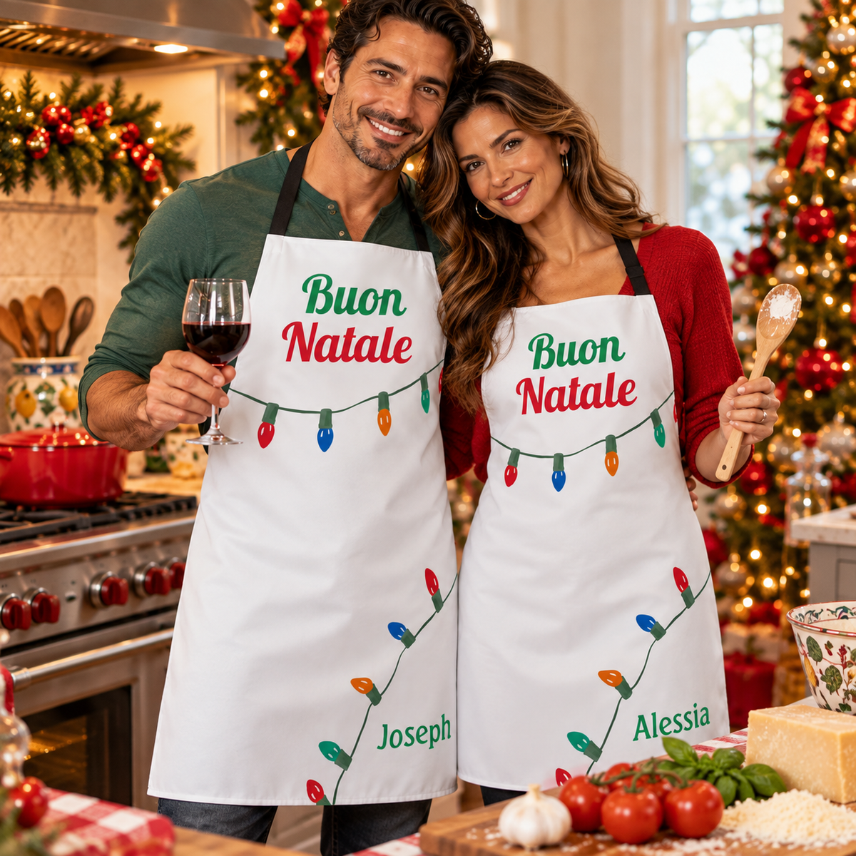 Italian couple wearing personalized Buon Natale Christmas aprons with festive lights in a holiday kitchen.