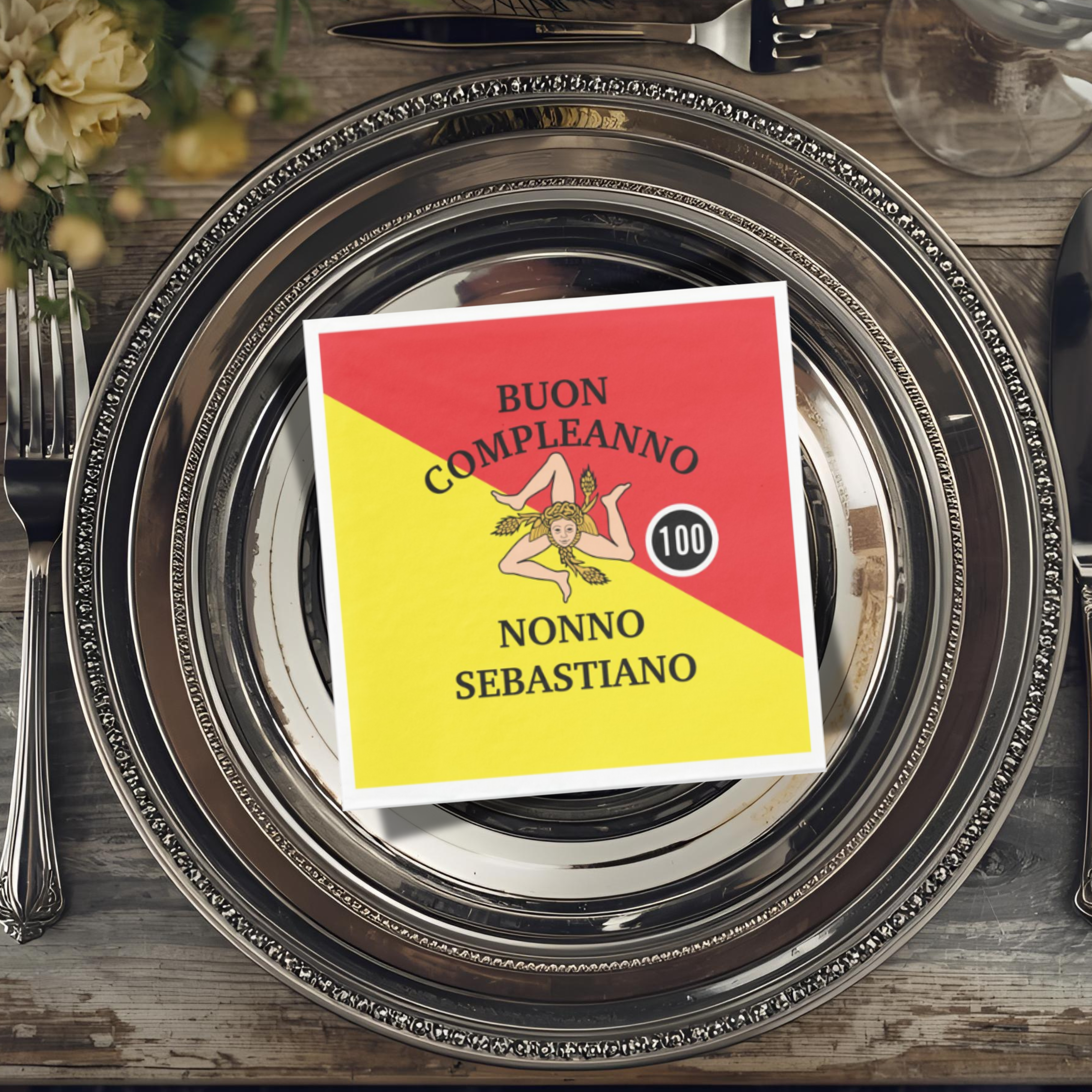 Custom napkin with Flag of Sicily and Buon Compleanno or Anniversario personalized wording. Sicilian heritage gift for birthday parties, anniversary celebrations, and special family gatherings. 