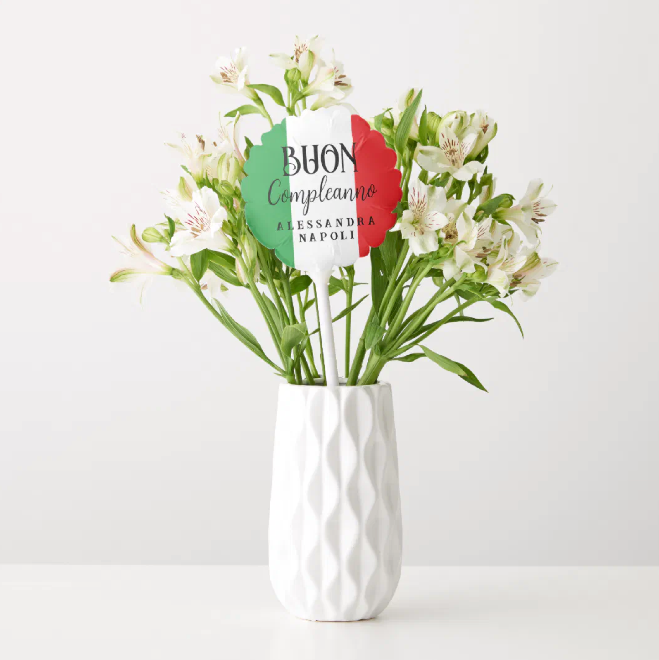 Custom balloon stem featuring Buon Compleanno birthday greeting with Italian flag design and personalized wording. Perfect Italian heritage birthday gift for her, gift for him, or party decoration for Italian birthday celebrations.