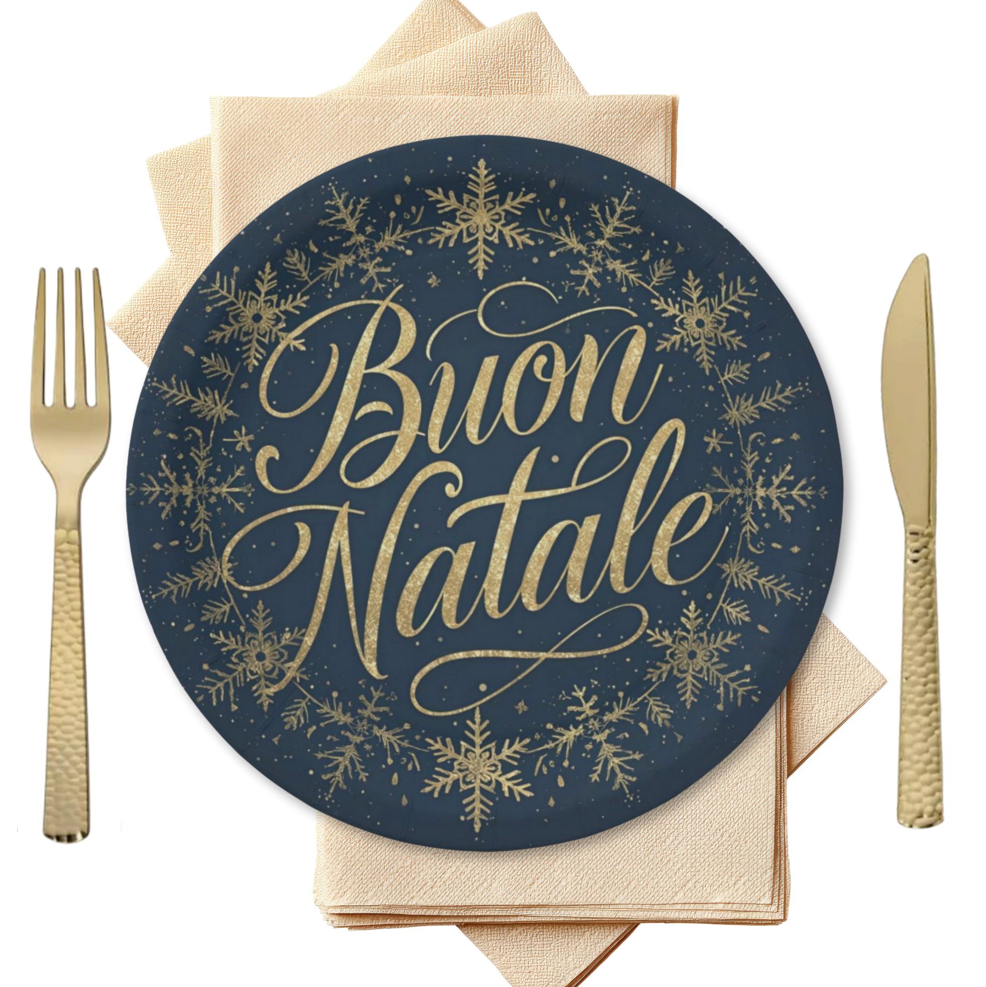 Buon Natale navy blue paper plate with gold script and gold snowflakes around round plate, upscale elegant vibe. Italian heritage Christmas party supplies, holiday disposable plates, Italian Christmas dinner plates, festive tableware, wedding reception, celebration plates.
