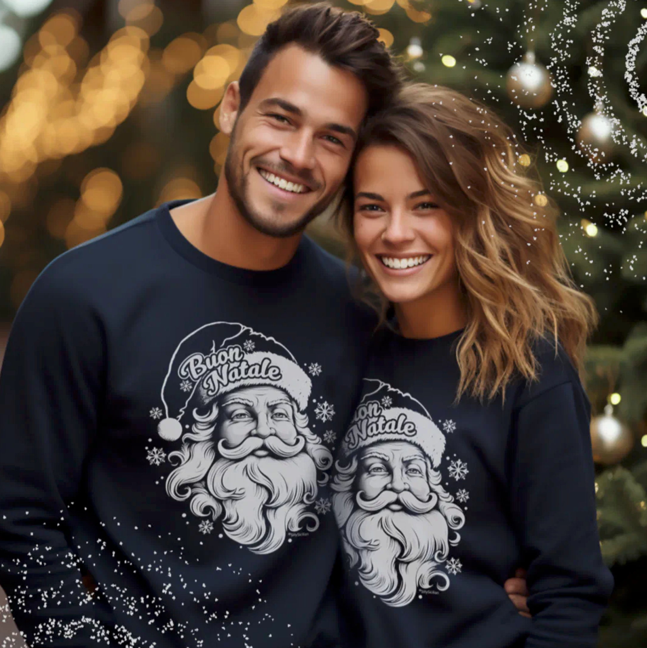 Couple wearing navy blue sweatshirts with Santa Claus Buon Natale design Italian Sicilian heritage gift for him, gift for her, Christmas gift, Christmas wardrobe.