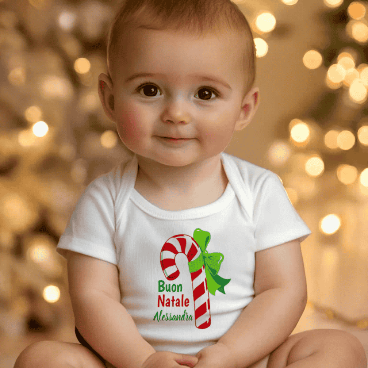 Baby wearing a Christmas-themed onesie with candy cane and bow design with Buon Natale and personalized name - Italian heritage baby gift