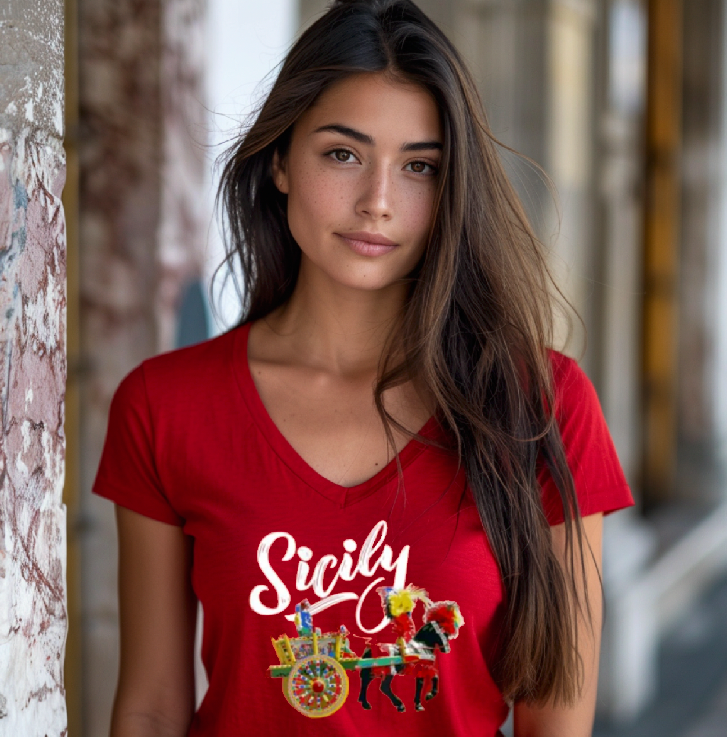 Women's Red V-neck T-shirt with the Carretto Siciliano of Sicilian Heritage