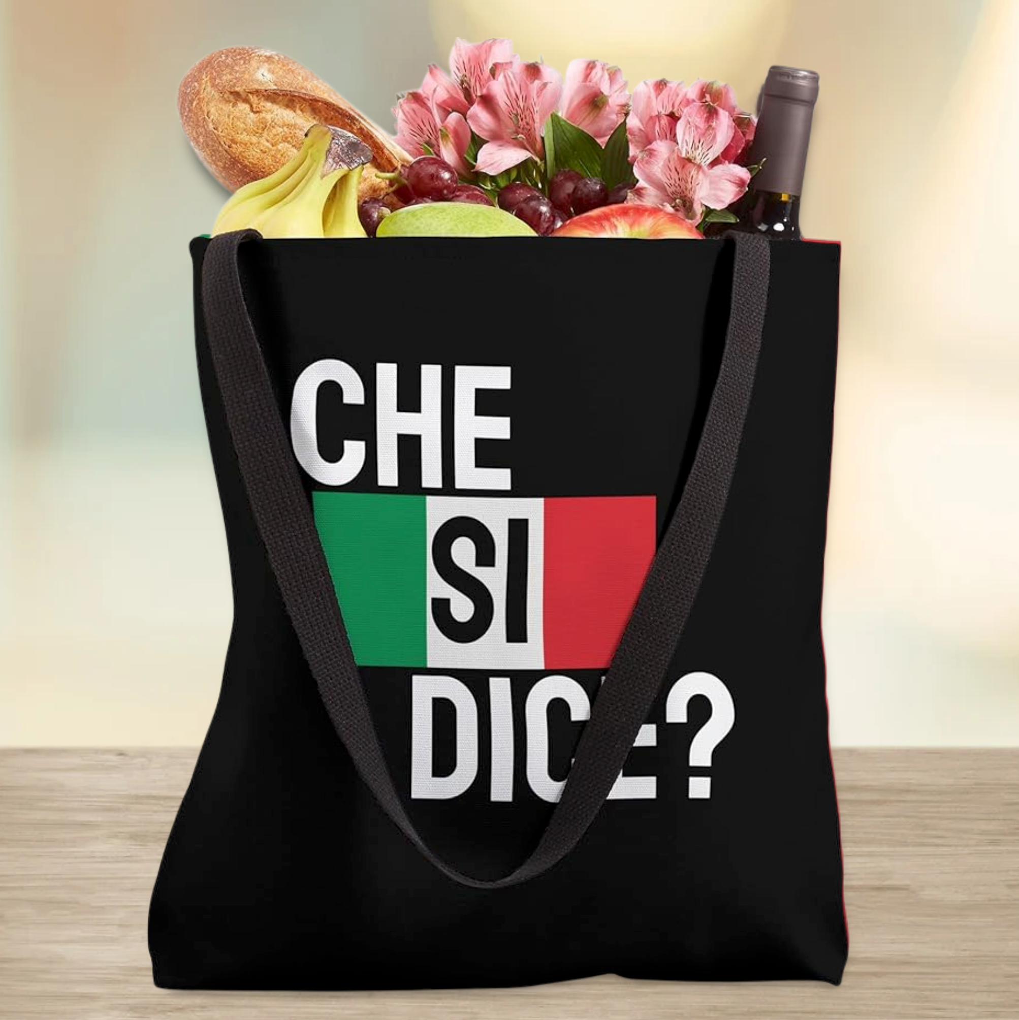 Black tote bag with 'Che Si Dice' (What's Up) and Italian flag design. Italian heritage accessory, gift for her, gift for him, reusable shopping bag, gym bag, beach bag, and casual everyday carry for Italian pride.
