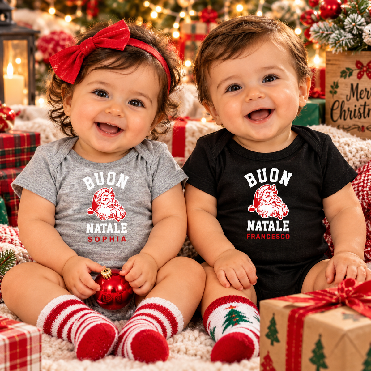 Adorable Italian baby boy and girl wearing personalized Buon Natale Christmas onesies with Santa designs and names Francesco and Sophia.