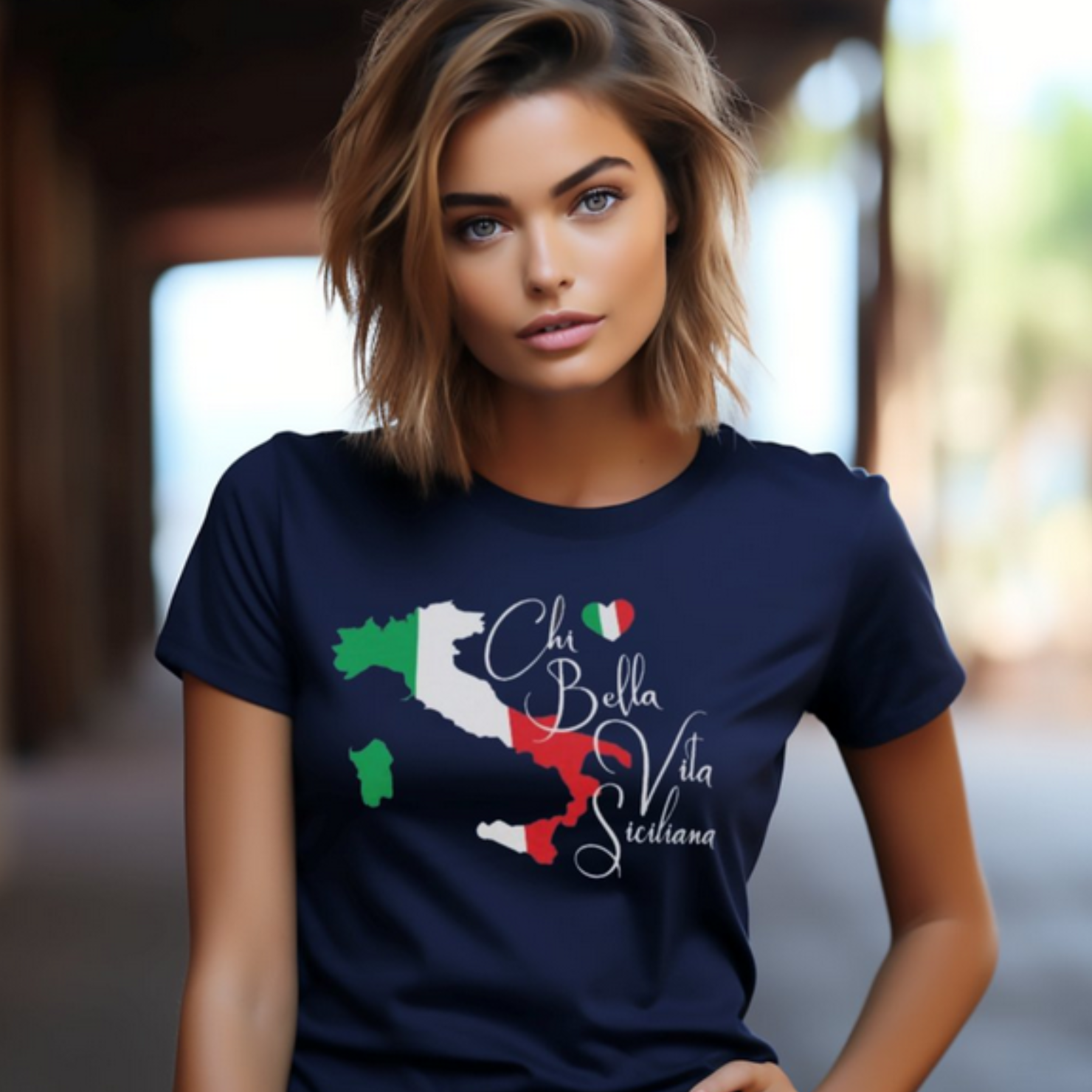 Woman wearing navy Chi Bella Vita Siciliana T-shirt. (What a beautiful Sicilian Life) a great heritage gift for her, gift for mom.