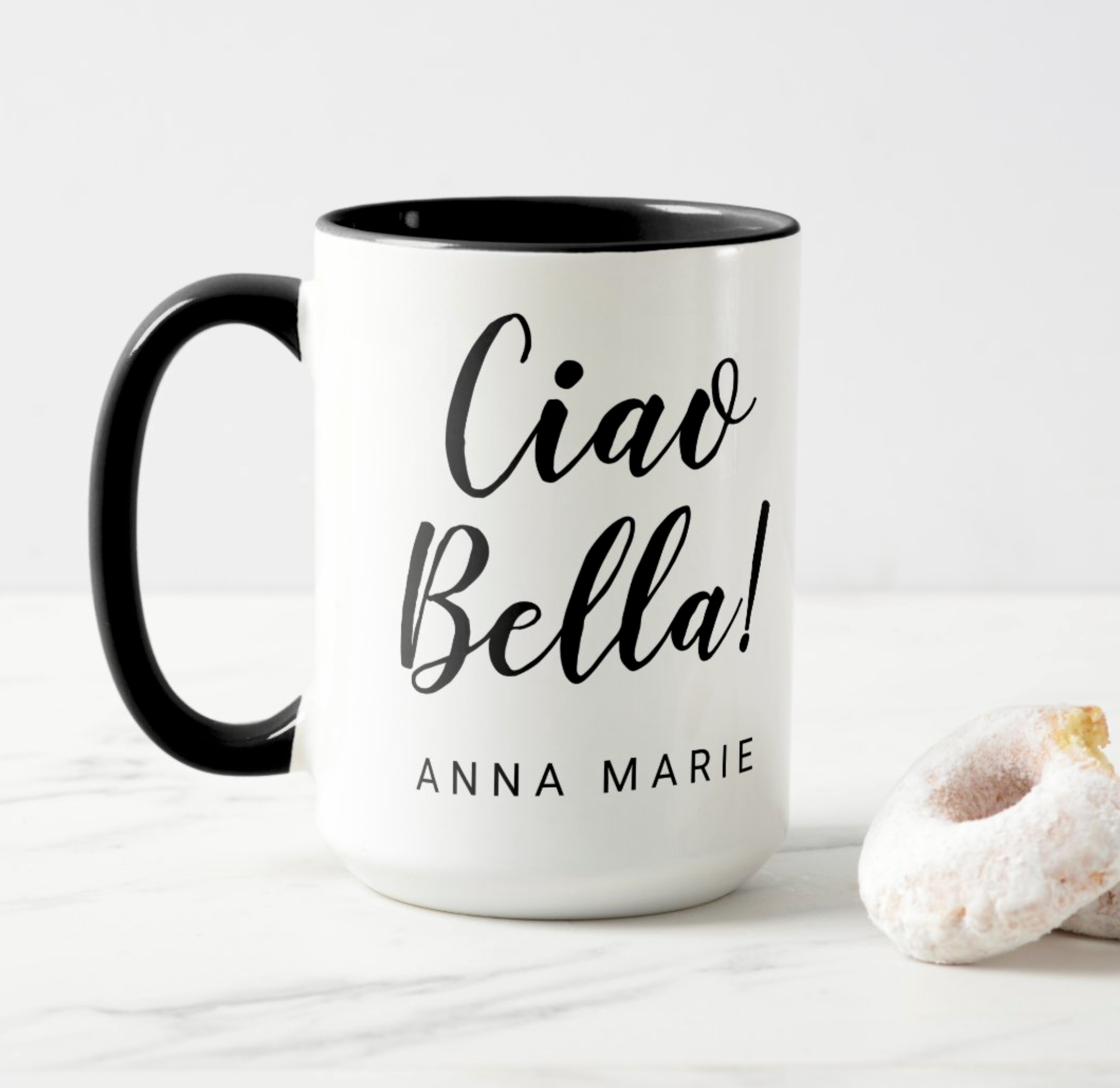 Ciao Bella Black Script White Mug personalized heritage gift for her, gift for girlfriend, bridesmaids gift, bridal party gift, Christmas gift, birthday gift.