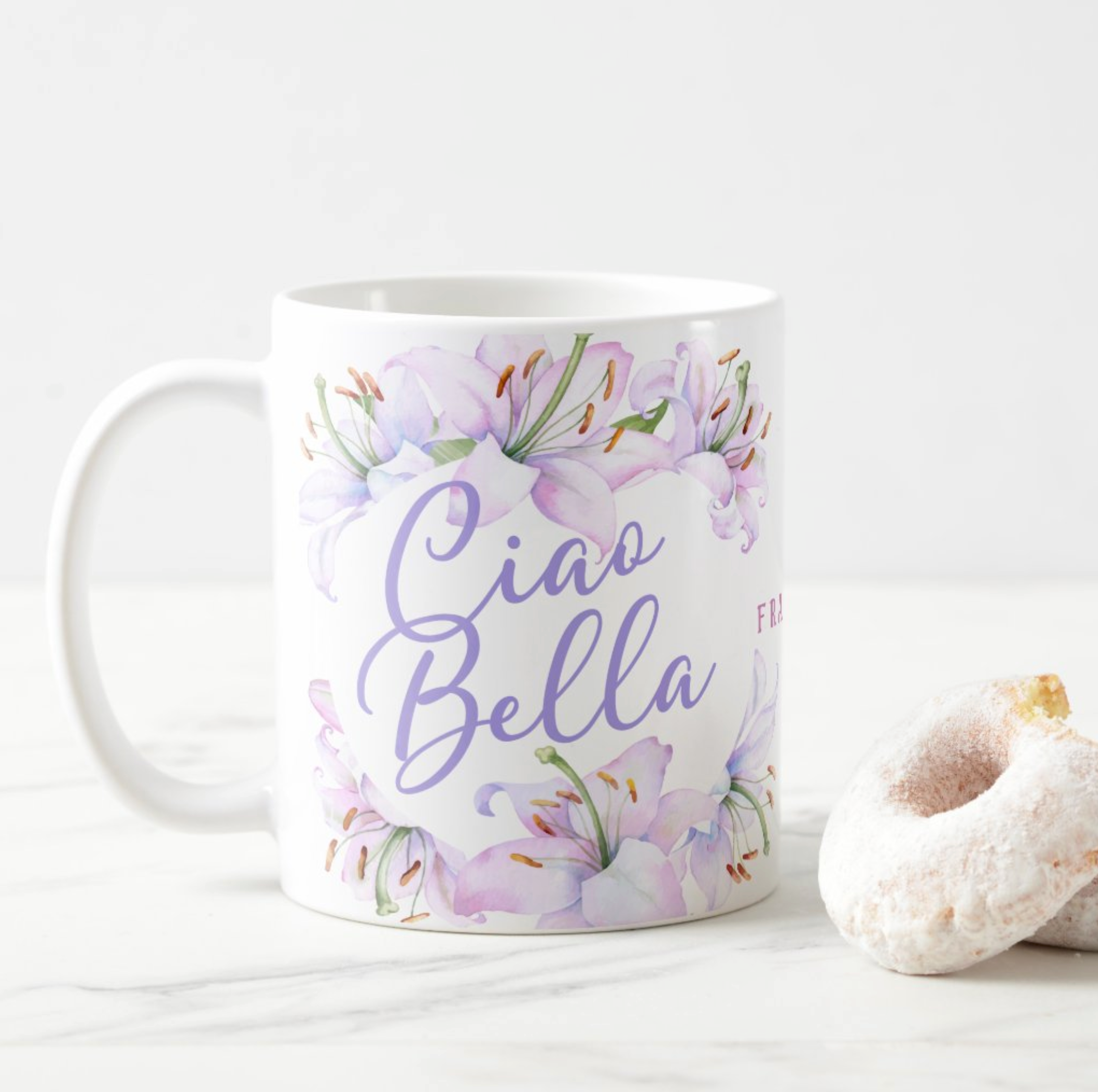 Personalized Ciao Bella Lavender Script Floral Mug heritage gift for her, gift for mom, bridal shower gift, bridal party gift, bridesmaids gift, maid of honor gift.