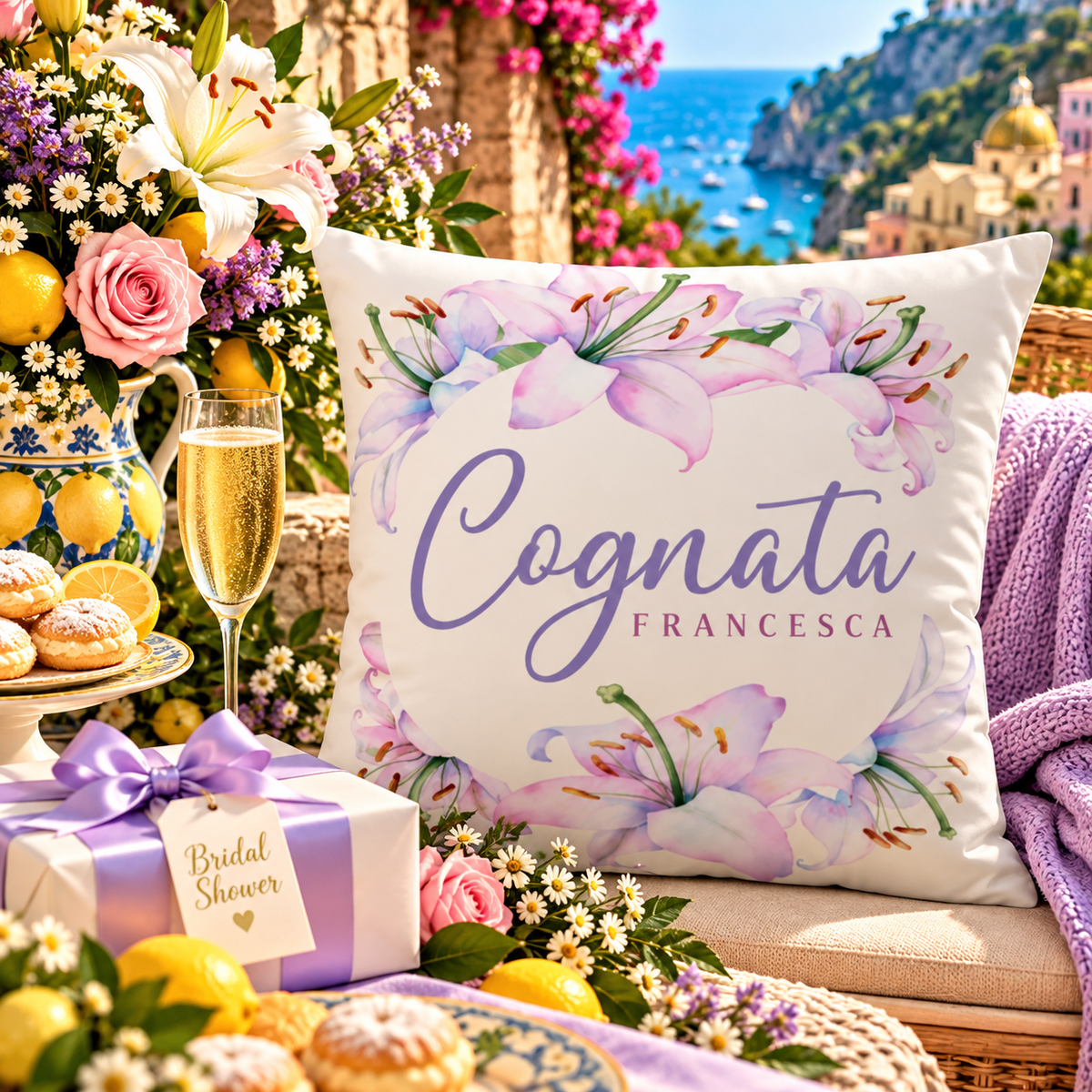 Personalized Cognata (Italian for sister-in-law) Francesca floral pillow with lavender lilies, styled for an Italian bridal shower with champagne, pink roses, lemons, and Amalfi Coast décor.