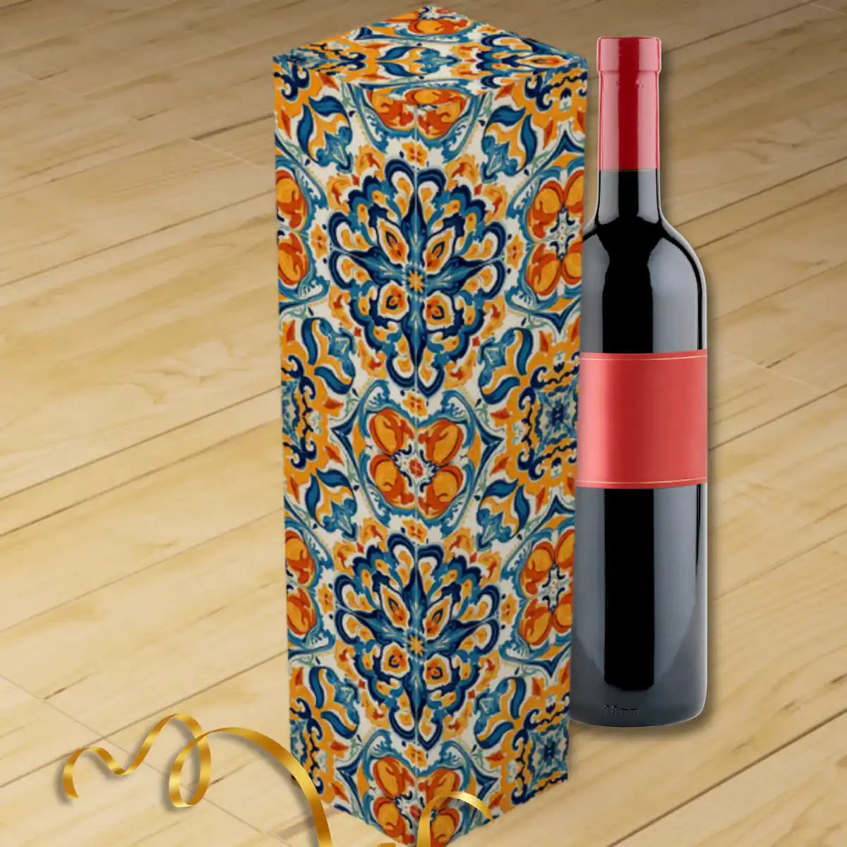 Wine box with traditional colorful Italian tile motif design - Italian heritage gift box.