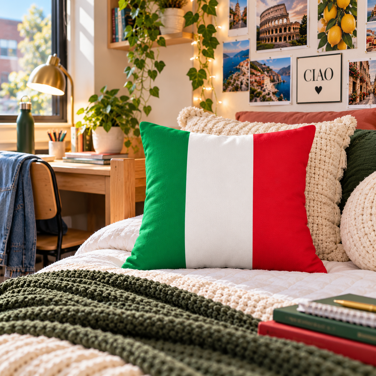 Send your college student off with a little Italian pride! Our vibrant Italian Flag decorative throw pillow features the iconic green, white and red tricolor, adding a bold splash of heritage and personality to any college dorm room. Beautifully styled on a cozy dorm bed, it's the perfect graduation, back-to-school or college send-off gift for proud Italian-American students. **Make their dorm feel like home while celebrating their Italian roots — order this Italian Flag pillow today!**