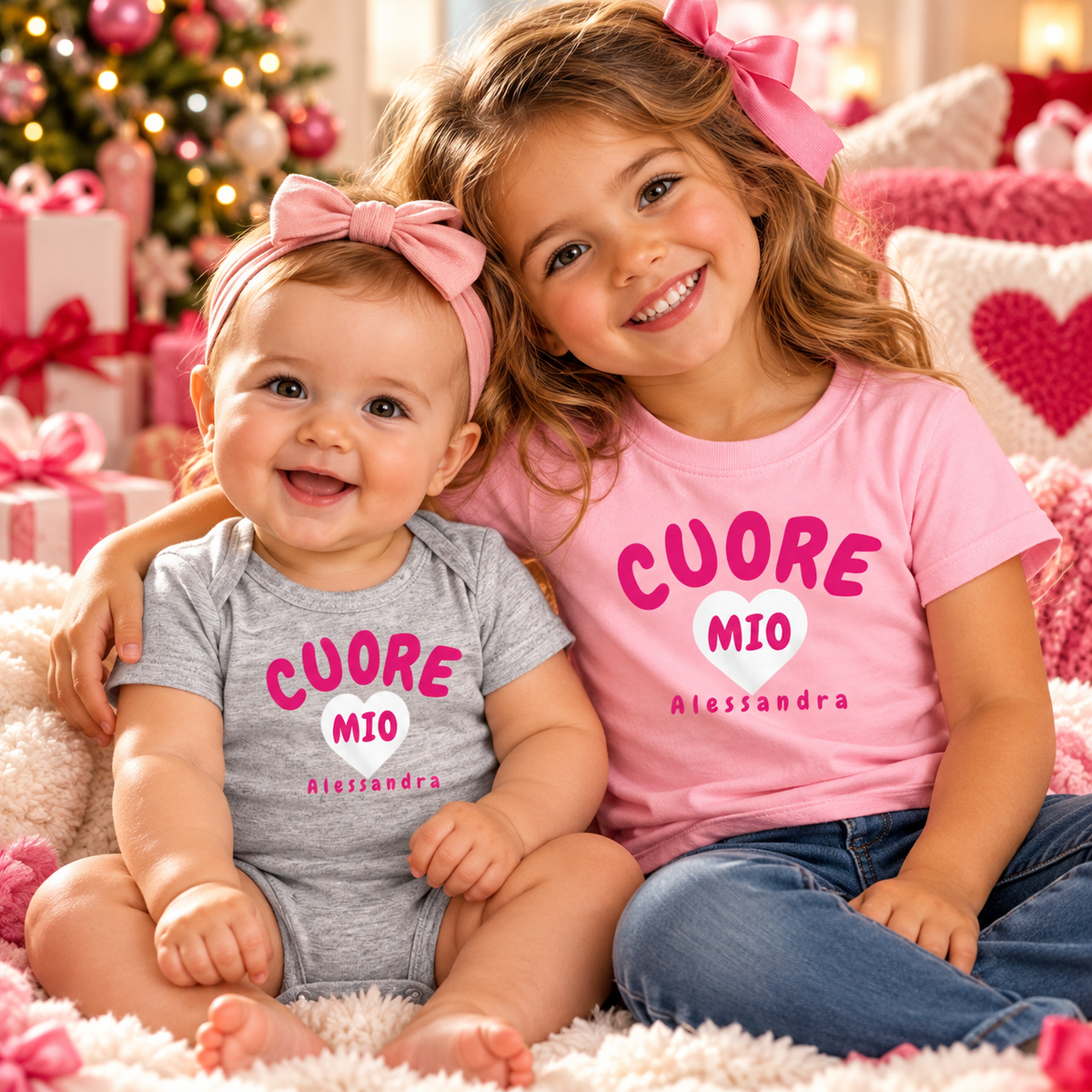 Two sisters wearing personalized Cuore Mio Italian baby bodysuit and girls' tee in gray and pink.