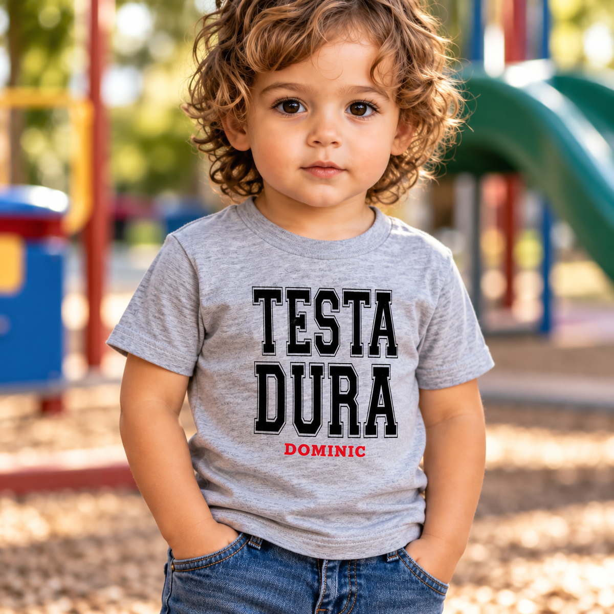Italian toddler wearing a personalized Testa Dura T-shirt, meaning “hard-headed” or “stubborn” in Italian, featuring the name Dominic.