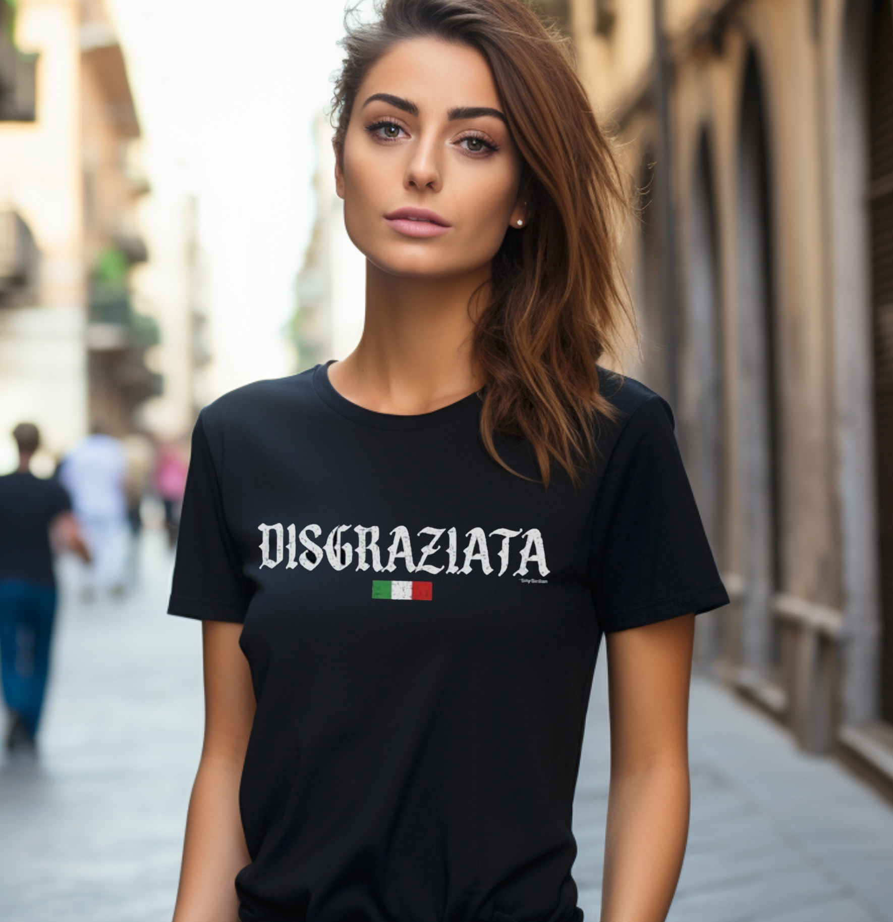 Woman wearing black t-shirt with Disgraziata in white tattoo font with Italian flag. Funny Italian heritage gift for her, birthday gift, Christmas gift, gift for Italian woman.
