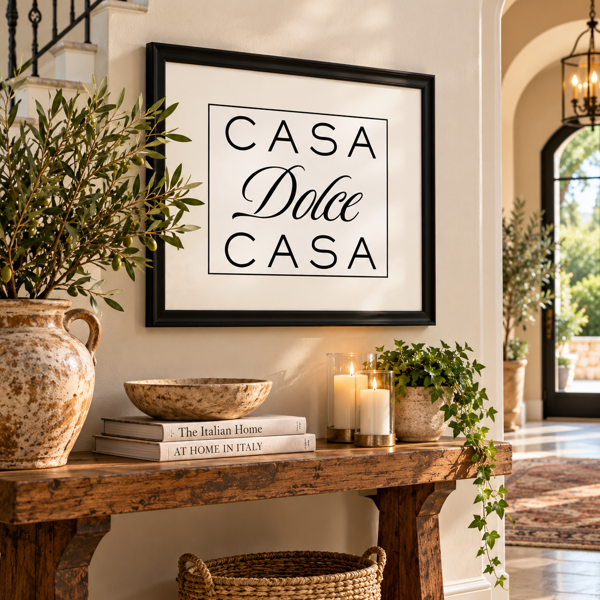 Welcome guests with timeless Italian charm! This elegant black-framed “Casa Dolce Casa” wall art, meaning “Home Sweet Home,” adds warmth and sophistication to any entryway, foyer or living room. Beautifully styled above a rustic console in a Mediterranean-inspired home, this Italian typography print makes a thoughtful housewarming, wedding or anniversary gift for anyone who loves Italian heritage and decor.