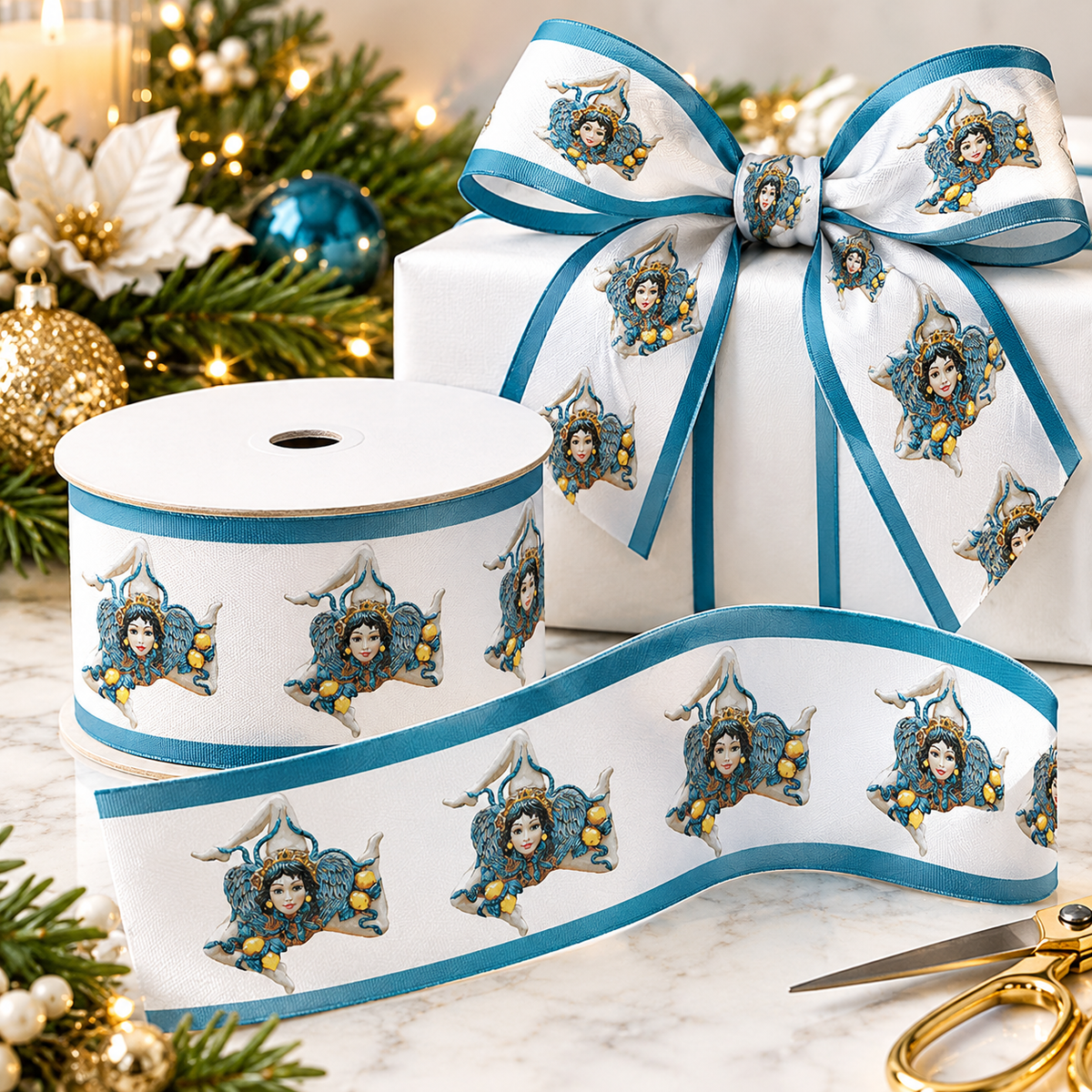 White satin ribbon with turquoise trim featuring the Trinacria symbol of Sicily, perfect for Sicilian gift wrapping, weddings, parties and Italian heritage celebrations.