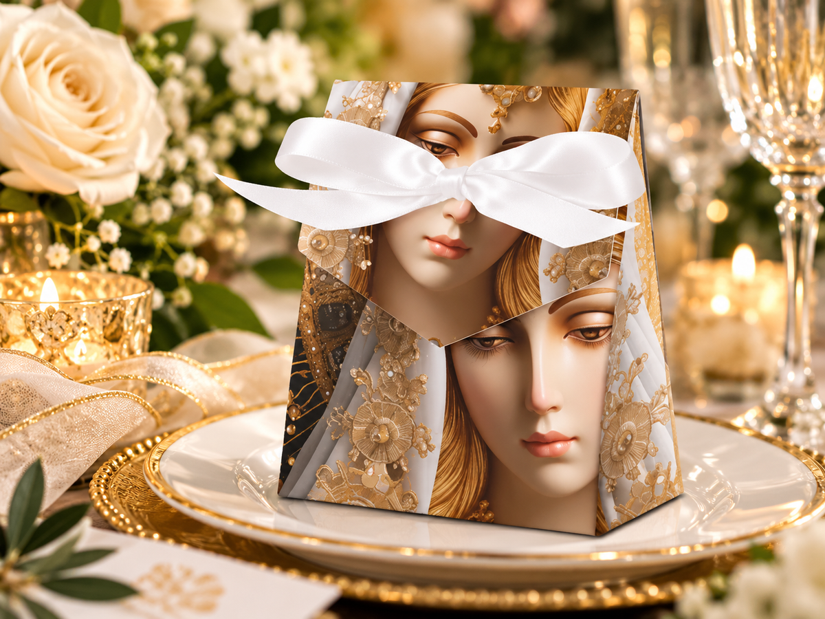 Religious Wedding Favor Box with Elegant Madonna Artwork, White Satin Bow and Gold Wedding Table Décor