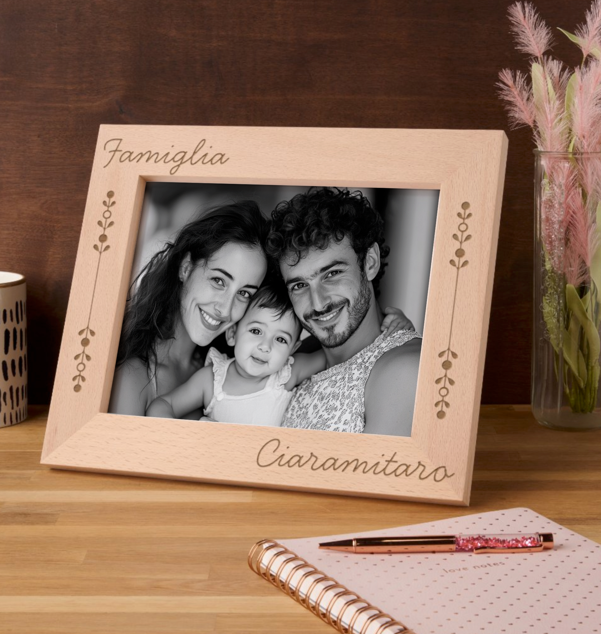 Etched Famiglia wooden frame with personalized family last name, Italian heritage gift for family. Custom photo frame, housewarming gift, anniversary gift, Christmas gift, family reunion gift, gift for parents.
