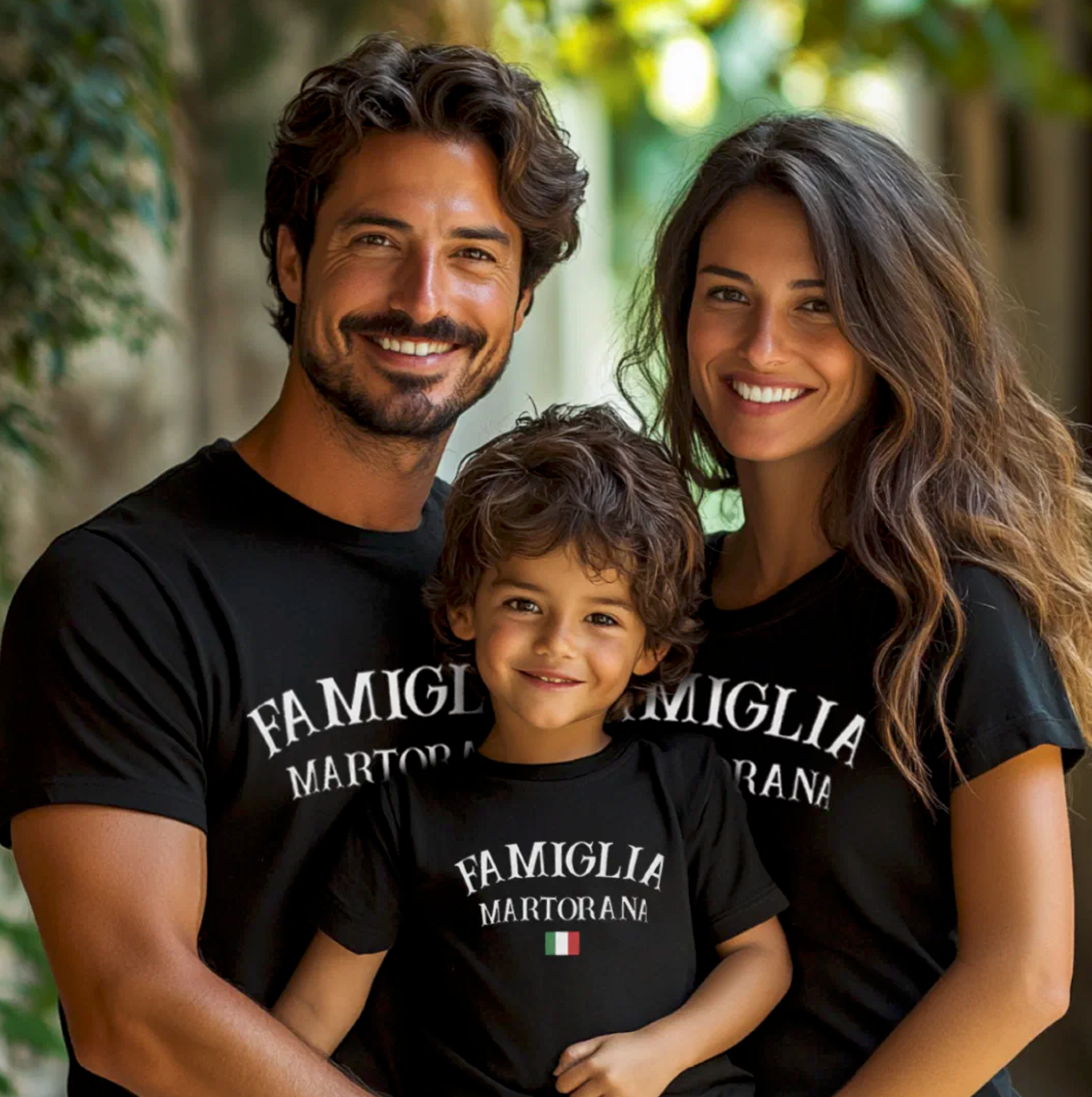 Family of three wearing black t-shirts with 'FAMIGLIA (personalized last name)' Italian Sicilian family reunion, family photos, family trip. gift for family, gift for her, gift for him, gift for kids, Christmas gift.