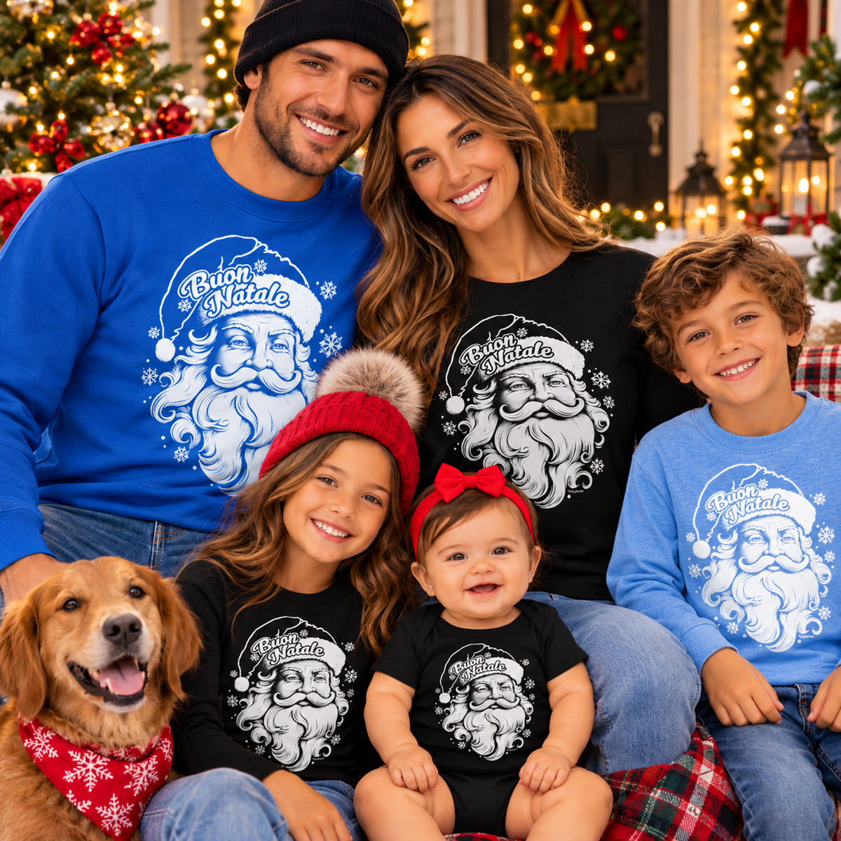 Matching Buon Natale Italian Christmas family outfits featuring vintage white Santa designs on blue and black sweatshirts, kids' shirts and baby bodysuit.