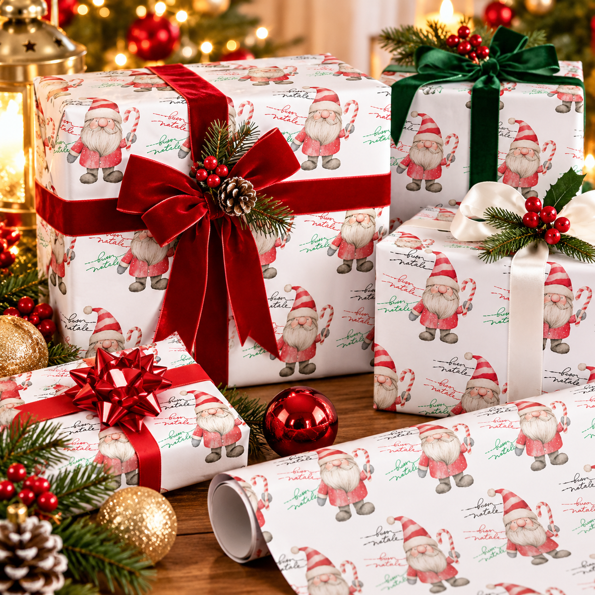 Italian Buon Natale Christmas wrapping paper featuring cute Santa gnomes, festive red, green and white holiday designs, and beautifully wrapped gifts with elegant velvet bows.