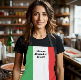 Allover Italian Flag Apron with custom wording makes a great housewarming gift for him, gift for her.