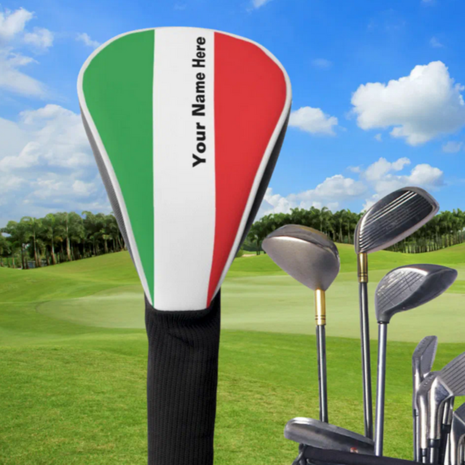 Flag of Italy golf club cover with personalized name. Italian heritage gift for dad, Father's Day gift, gift for him, golf gift for Italian golfer, birthday gift. 