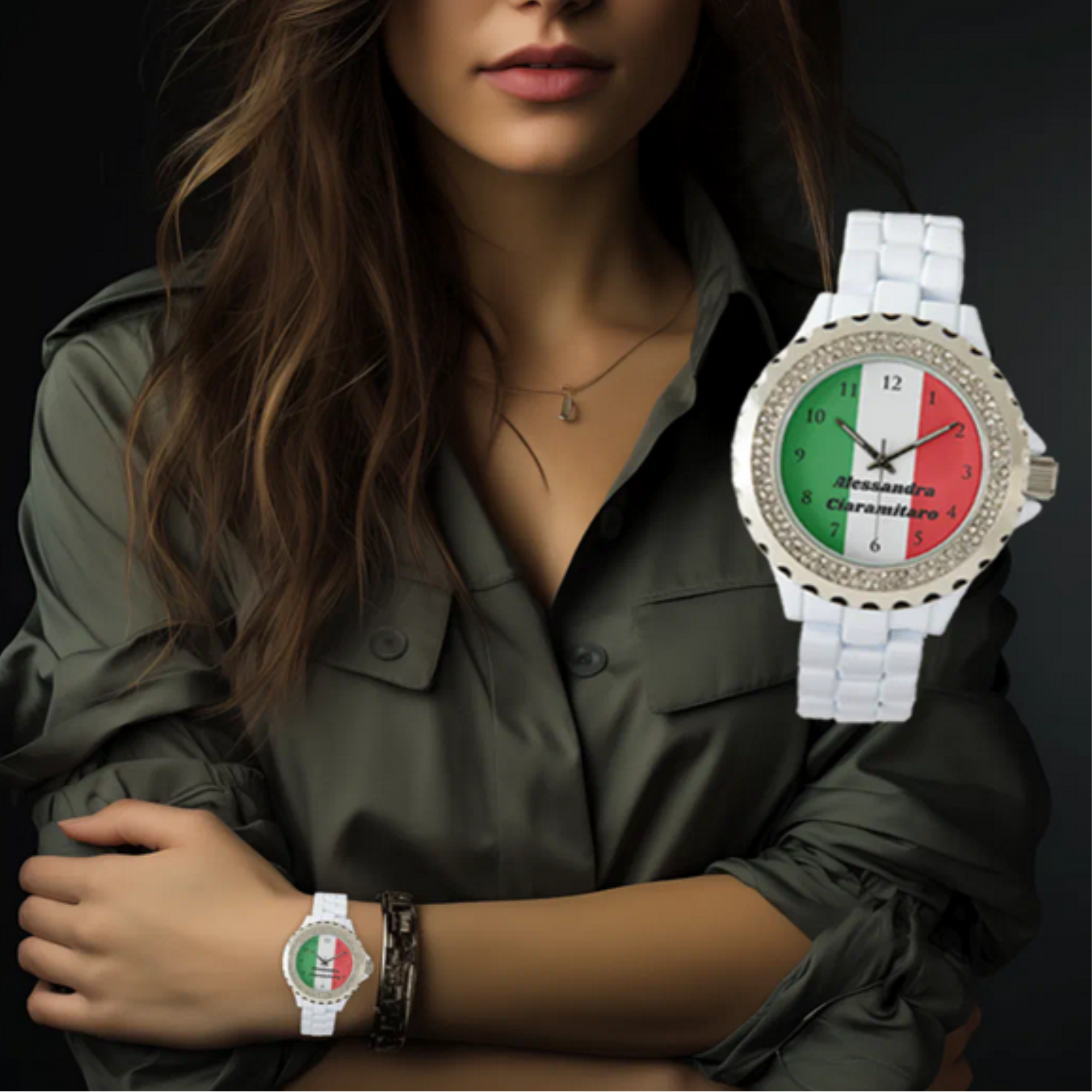 Women's white watch with rhinestones personalized with flag of Italy, can choose watch style. Italian heritage gift, Italy pride watch, personalized Italian gift, gift for Italian woman, Italian American gift, gift for Italian family, Italy jewelry.
