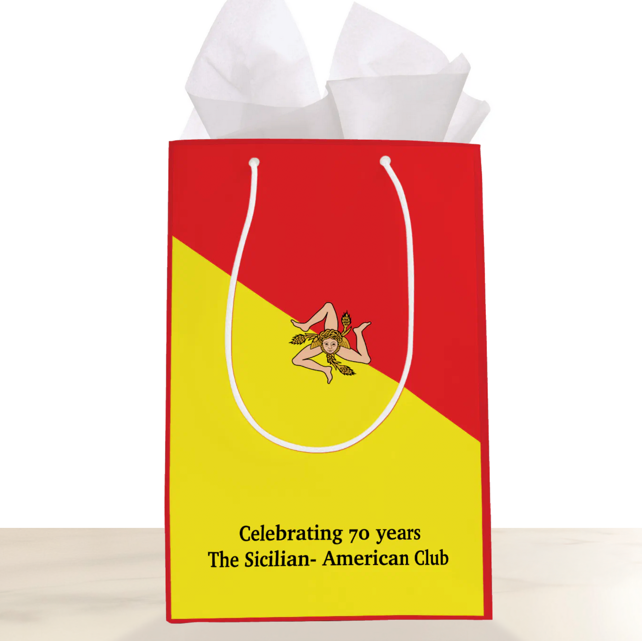 Flag of Sicily gift bag with custom wording, Sicilian heritage gift wrap. Personalized party favor bag for Sicilian club events, birthday gift bag, wedding favor, celebration gift packaging.
